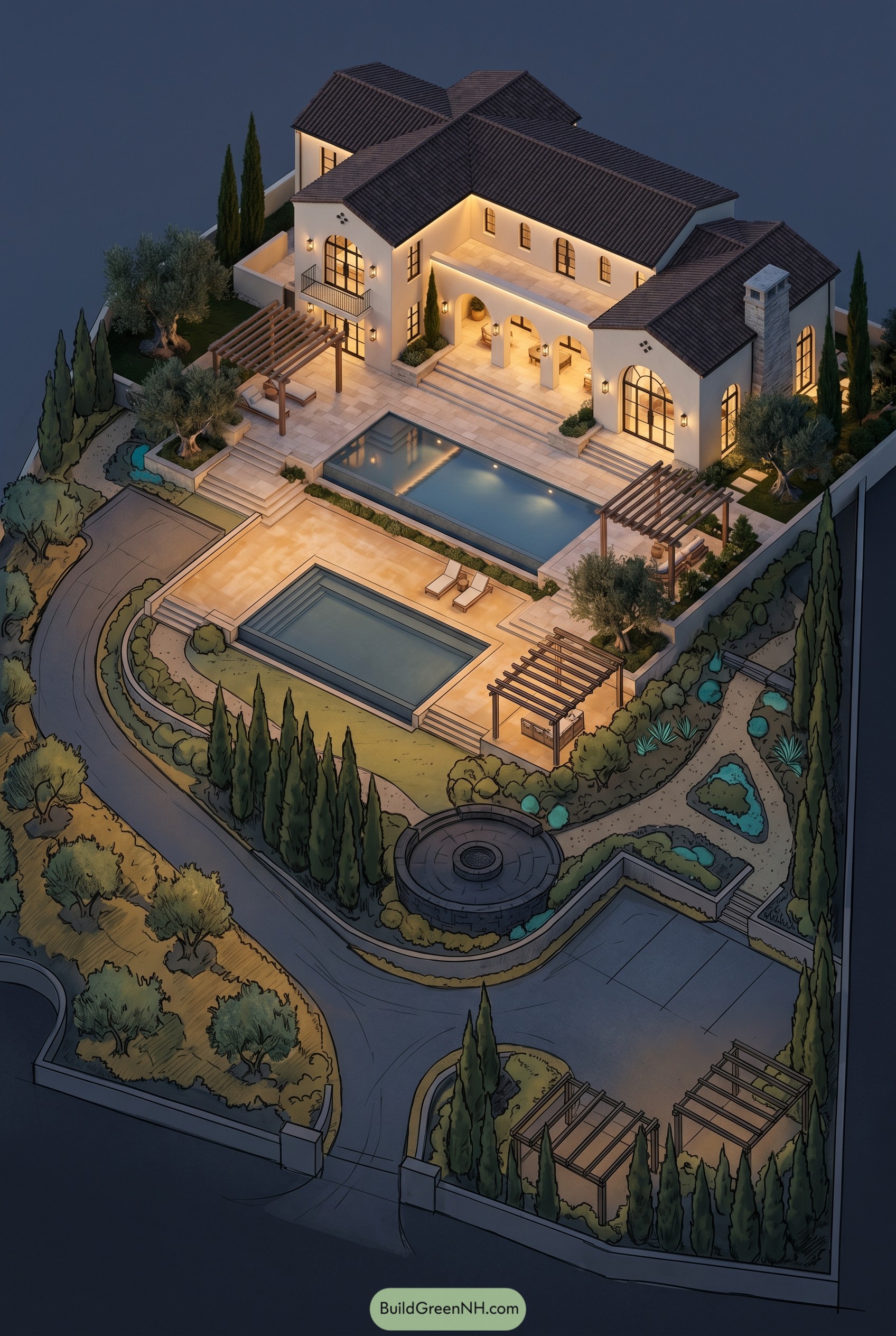 Mediterranean estate with pools and terraced gardens at dusk