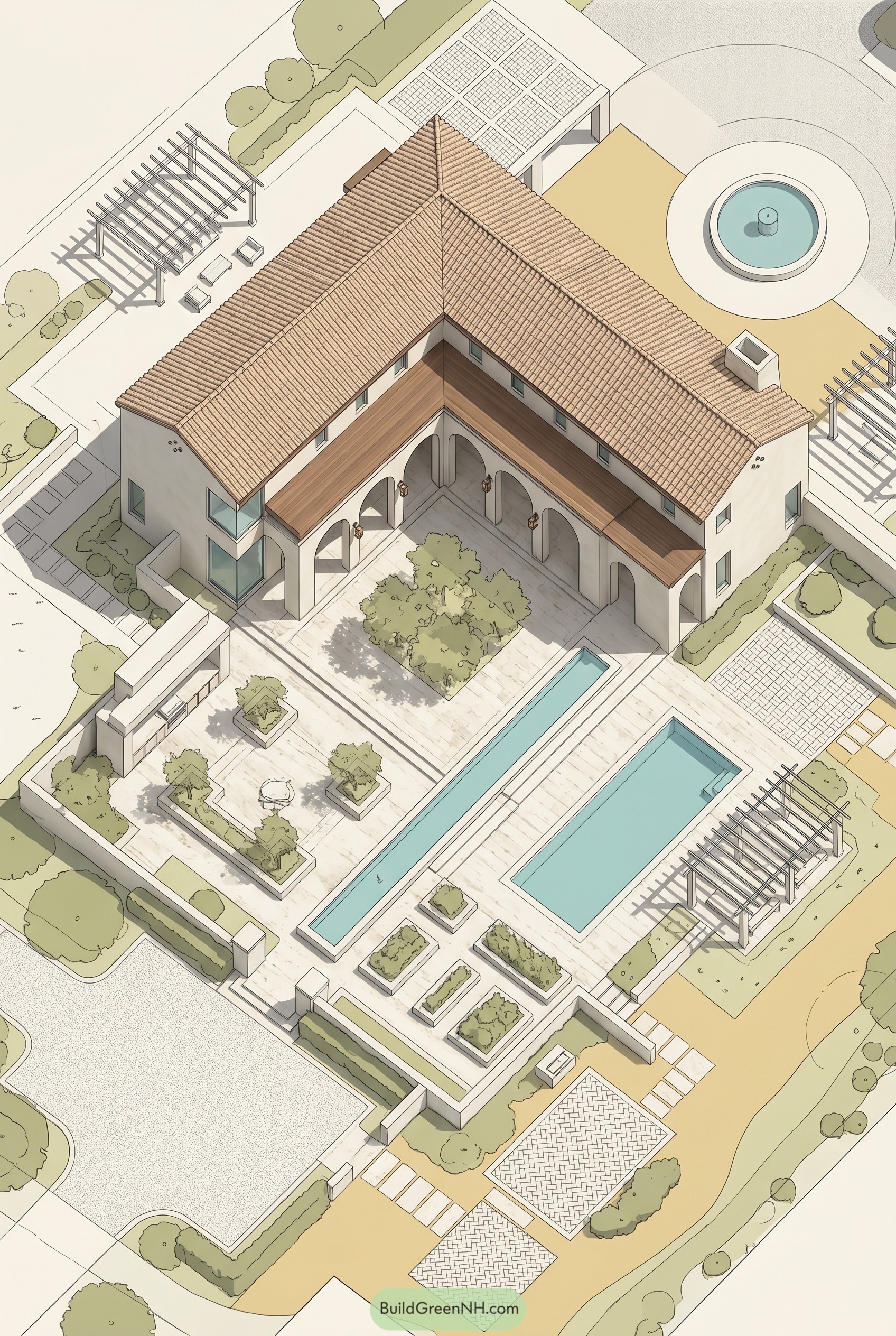 Aerial view of Mediterranean estate with pools and gardens