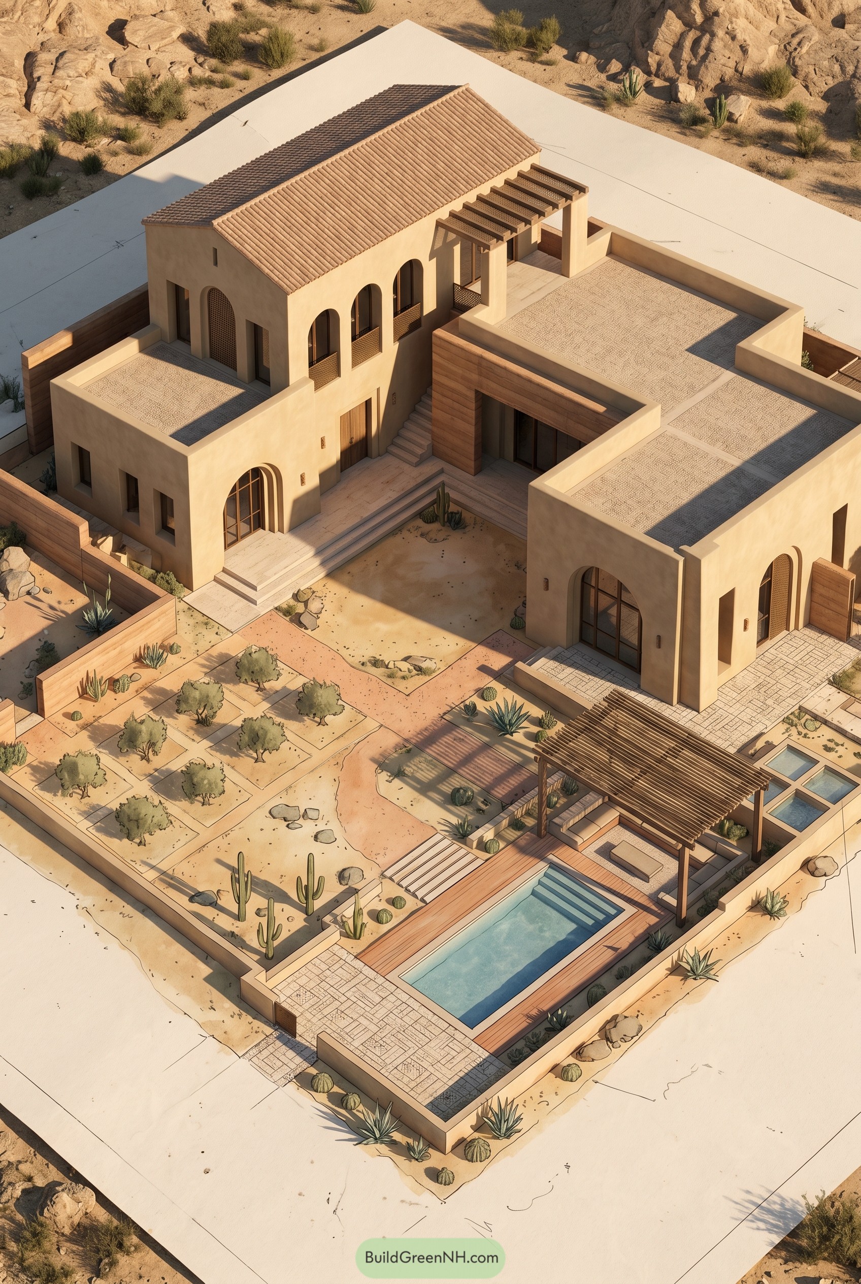 Aerial view of desert Mediterranean estate with pool