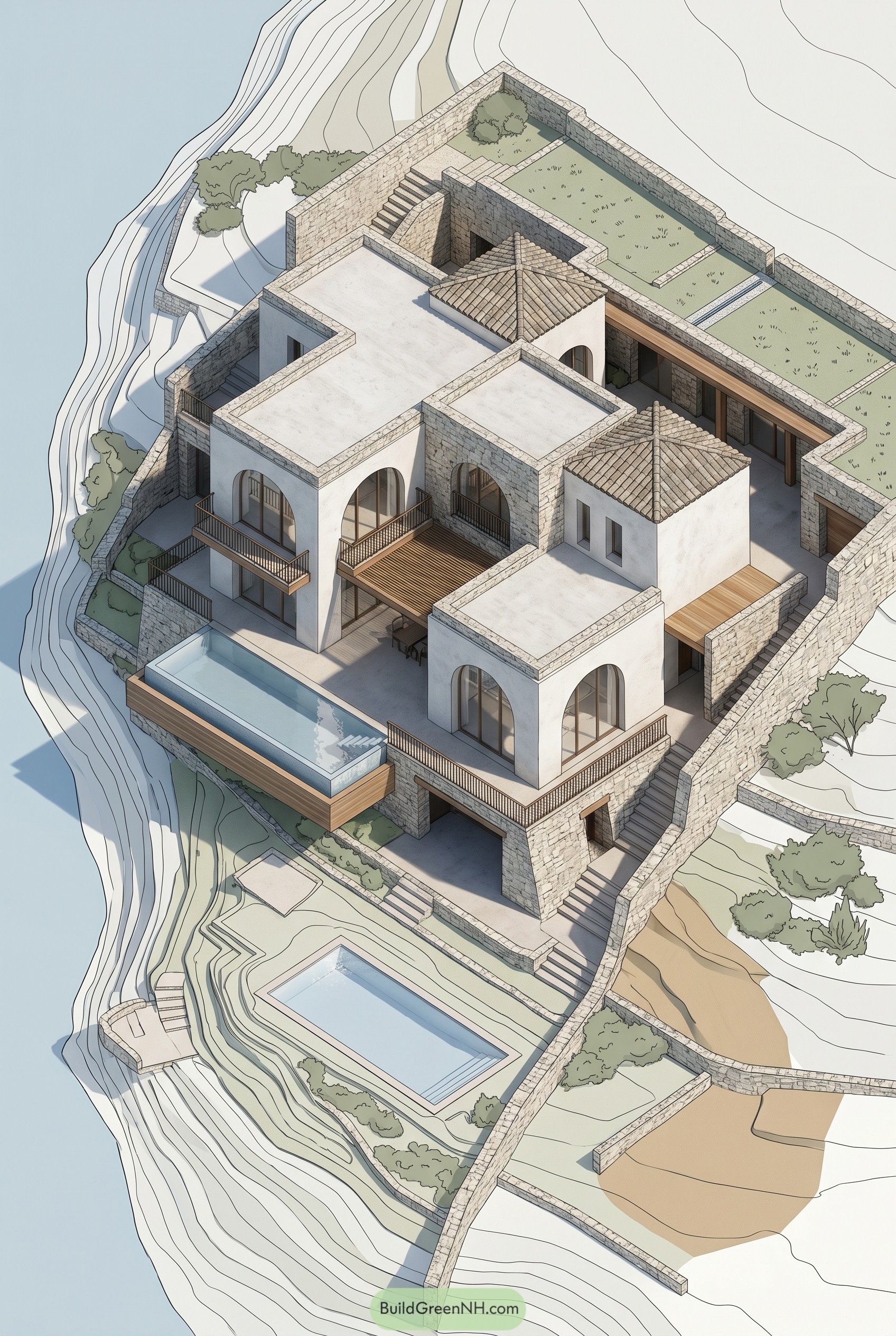Clifftop Mediterranean estate with terraces and pools