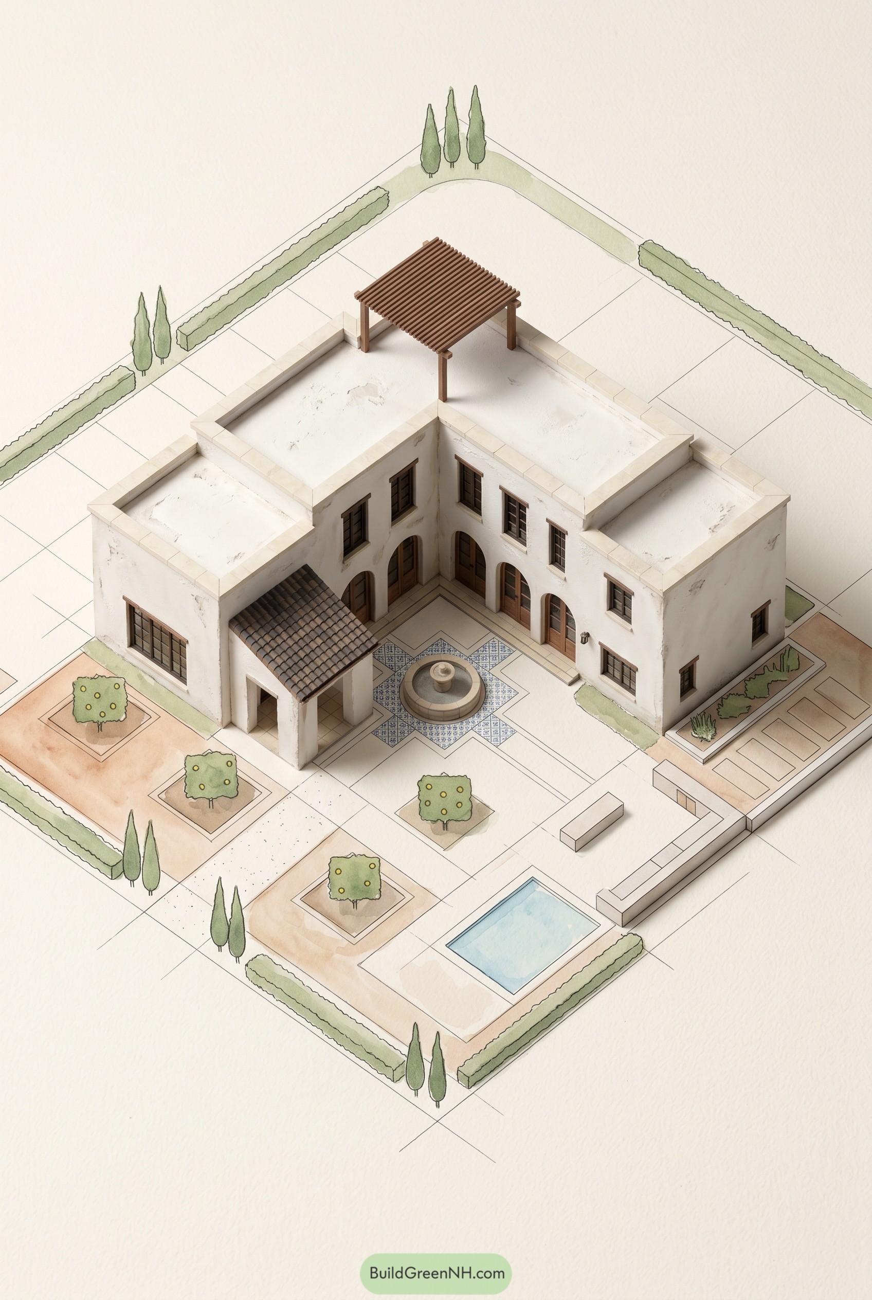 Axonometric Mediterranean estate with courtyard fountain