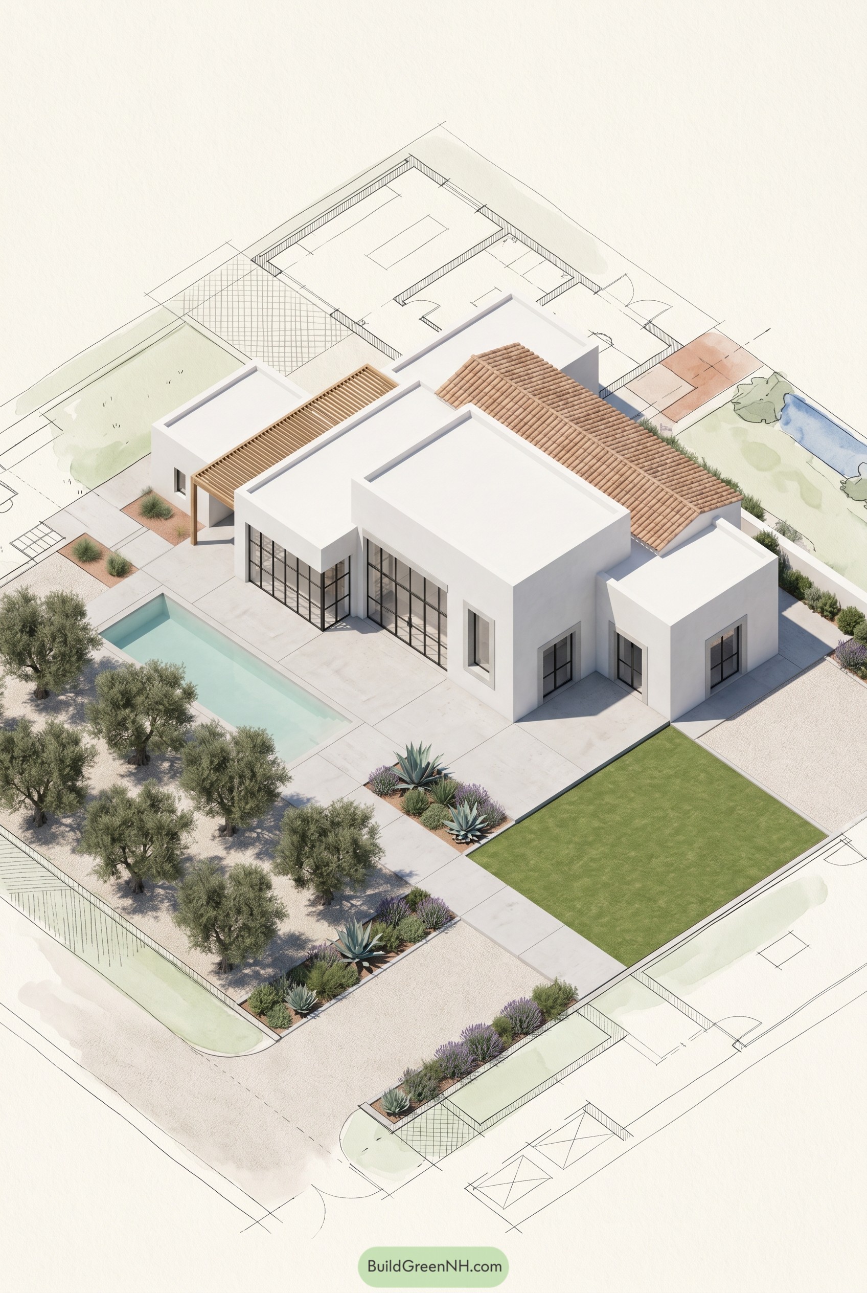 Aerial rendering of modern Mediterranean estate with pool