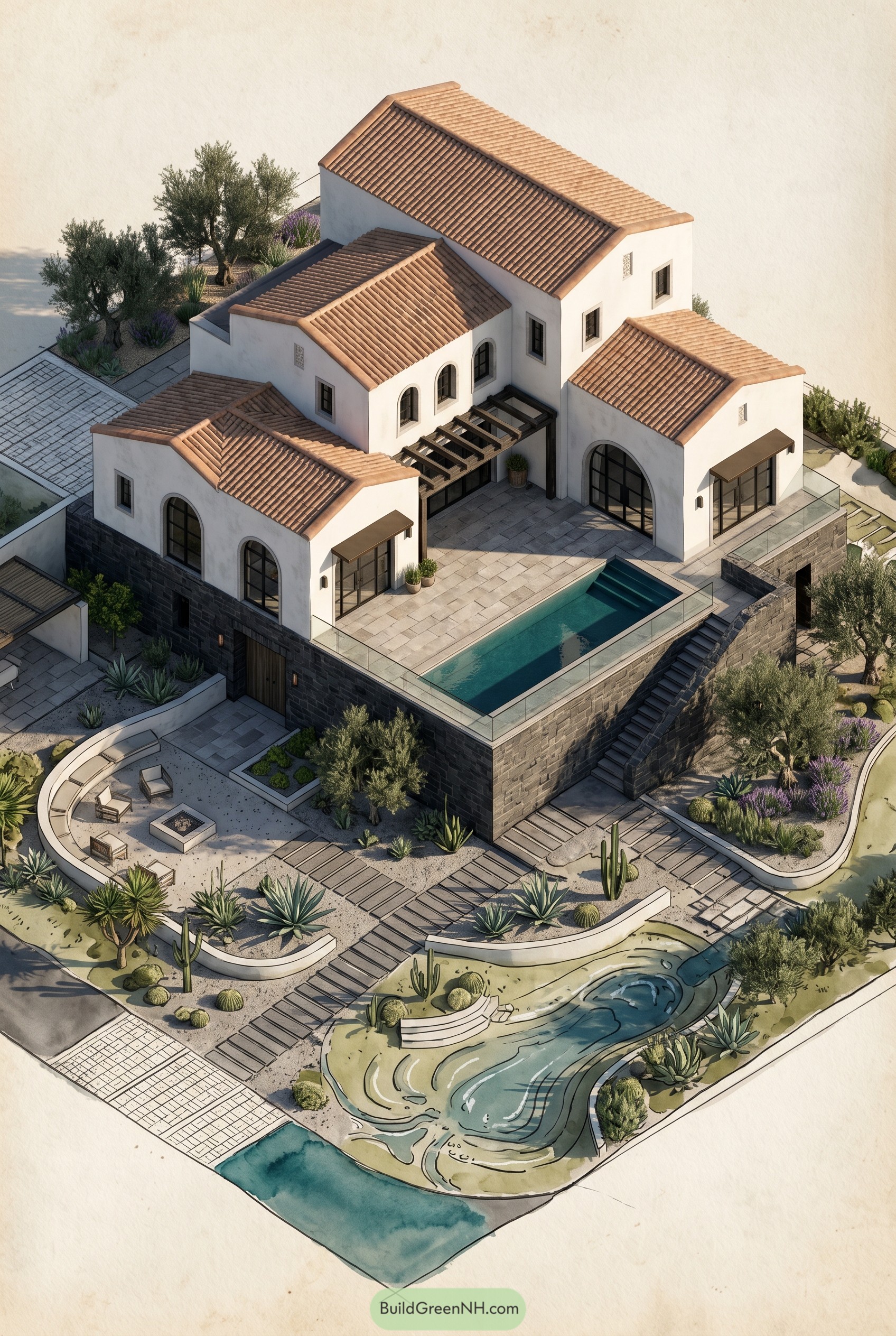 Mediterranean estate with terracotta roofs and pool