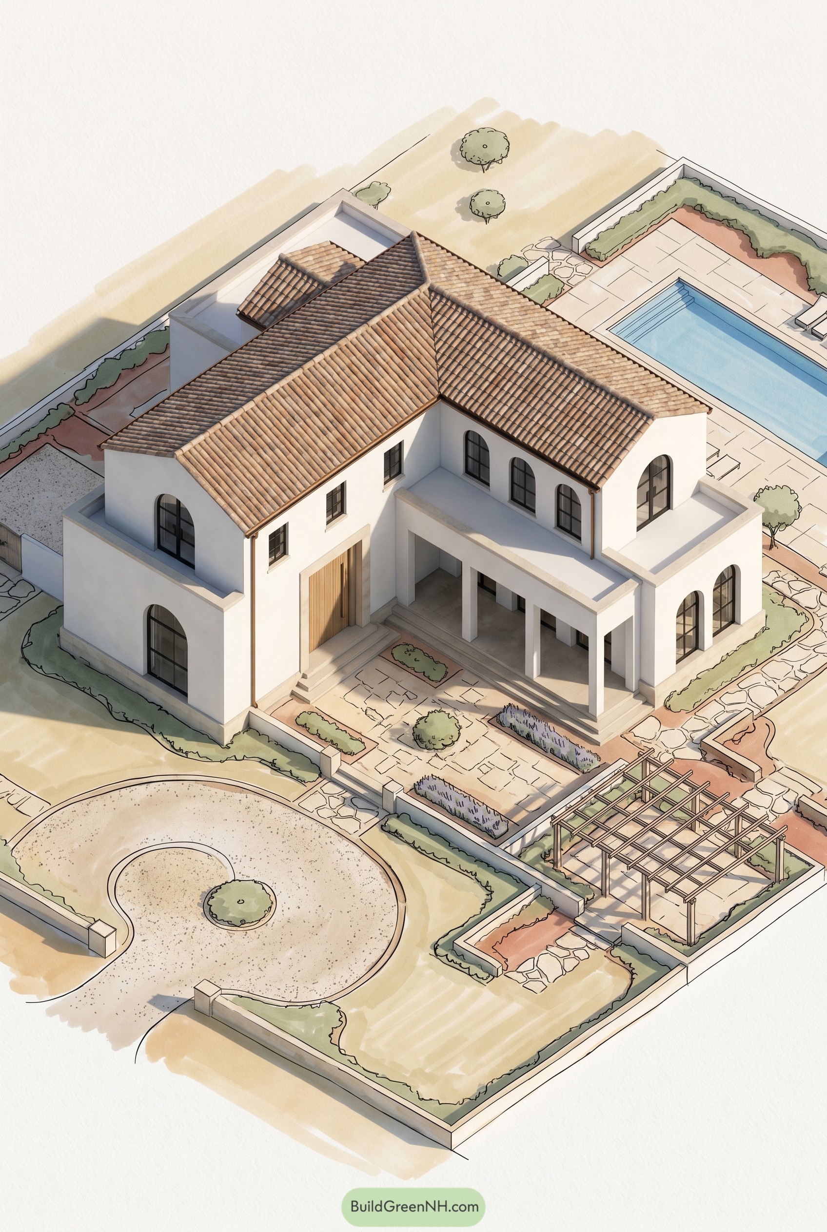 Aerial rendering of Mediterranean estate with pool