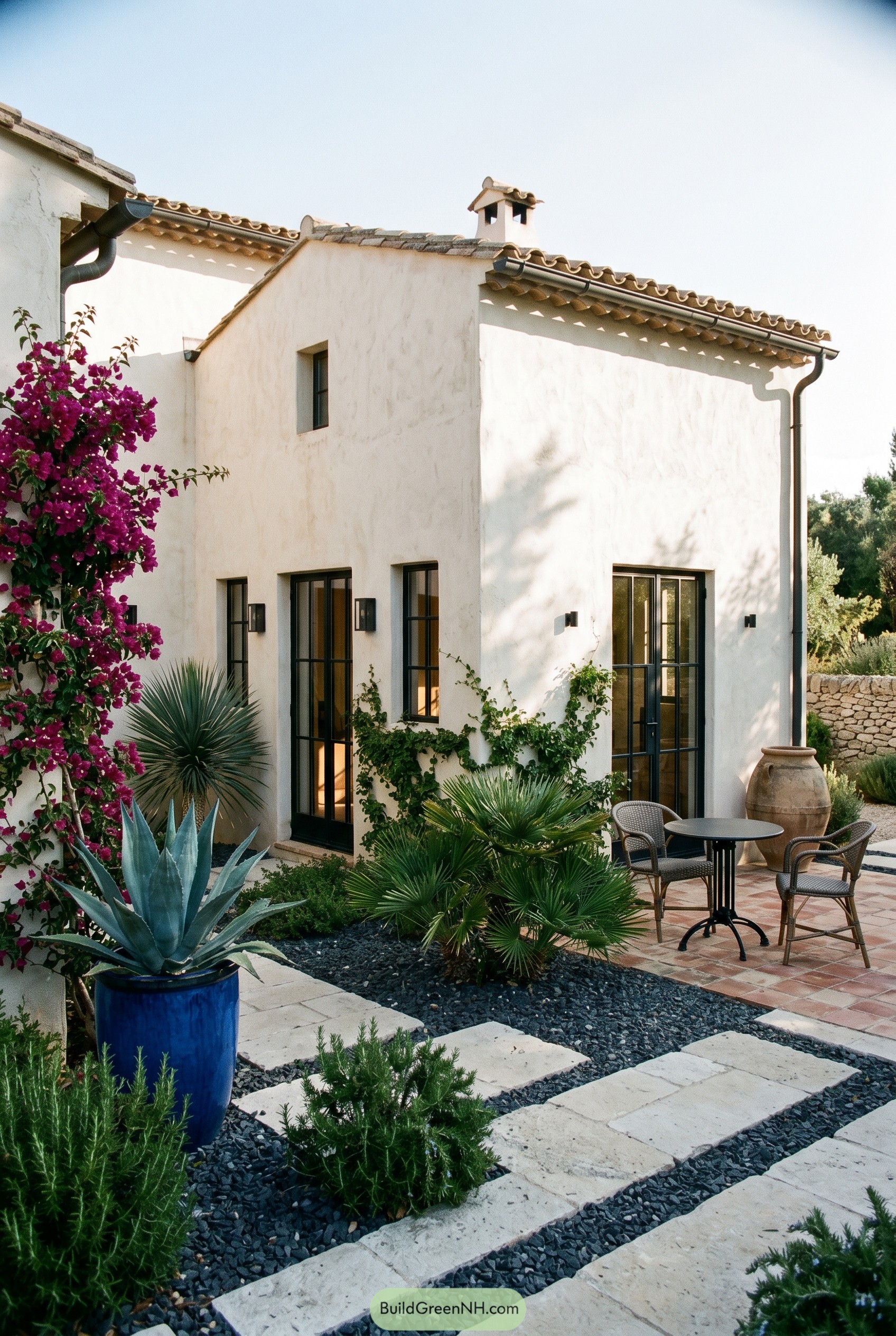 White stucco courtyard with bougainvillea and bistro seating
