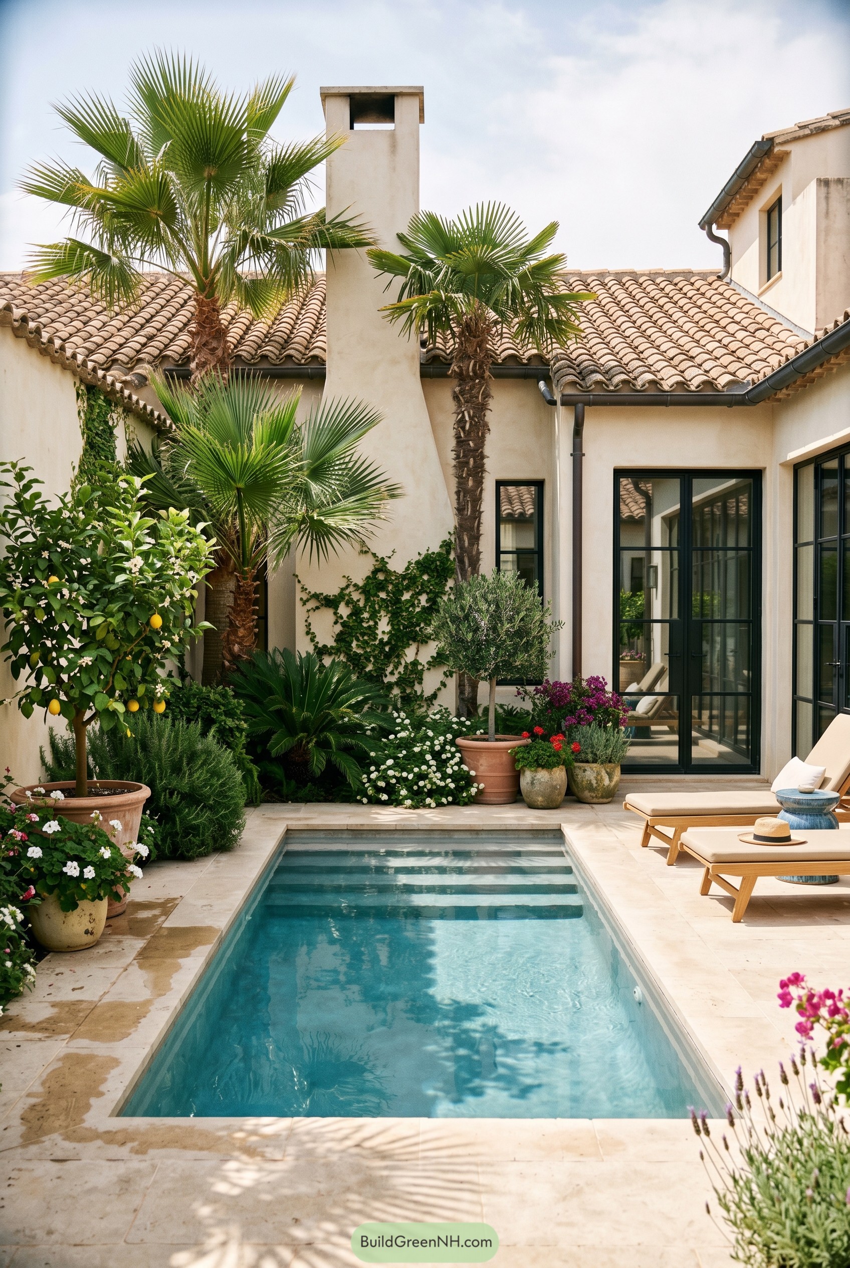 Mediterranean courtyard pool with palms and citrus