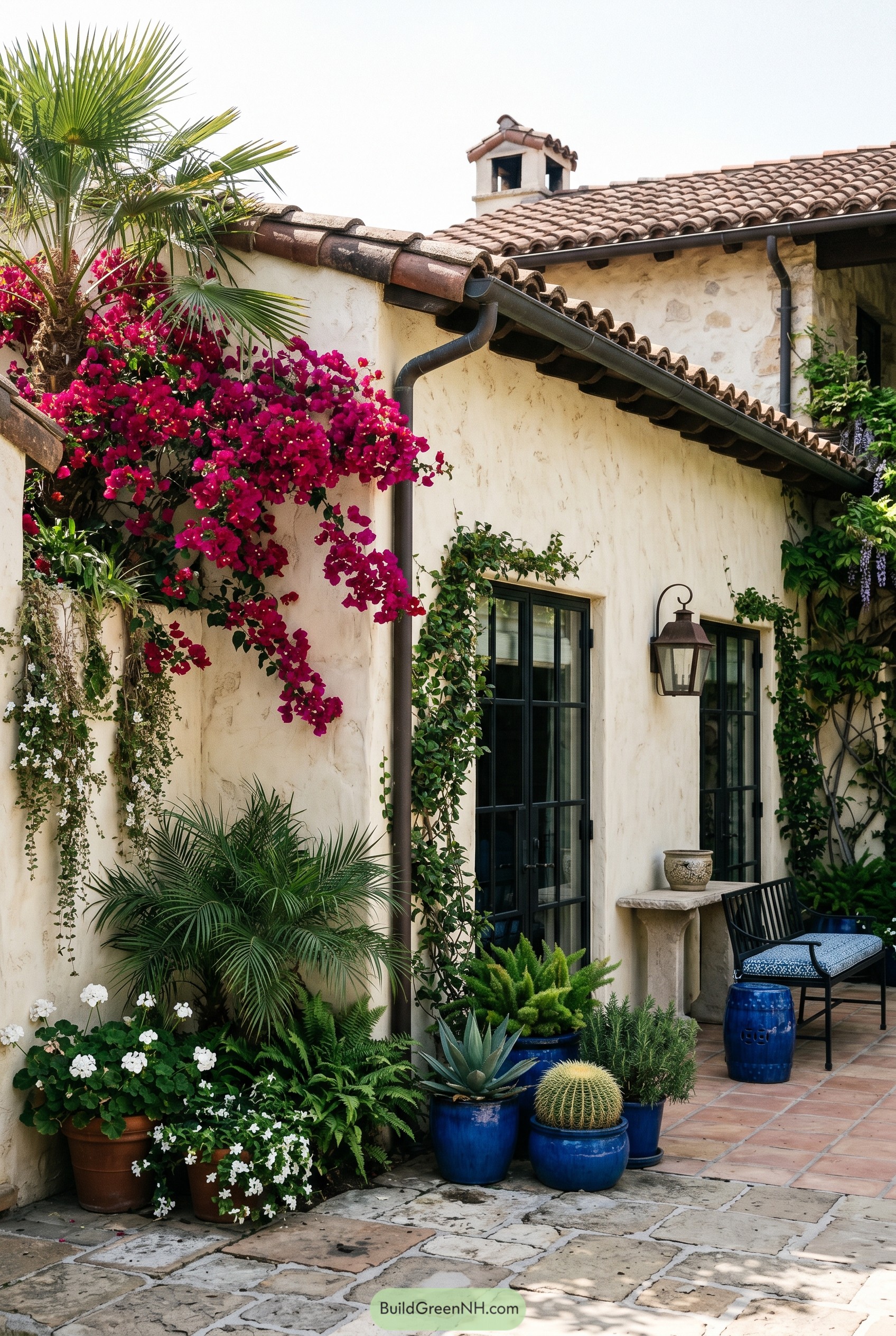 Mediterranean courtyard with bougainvillea and blue planters