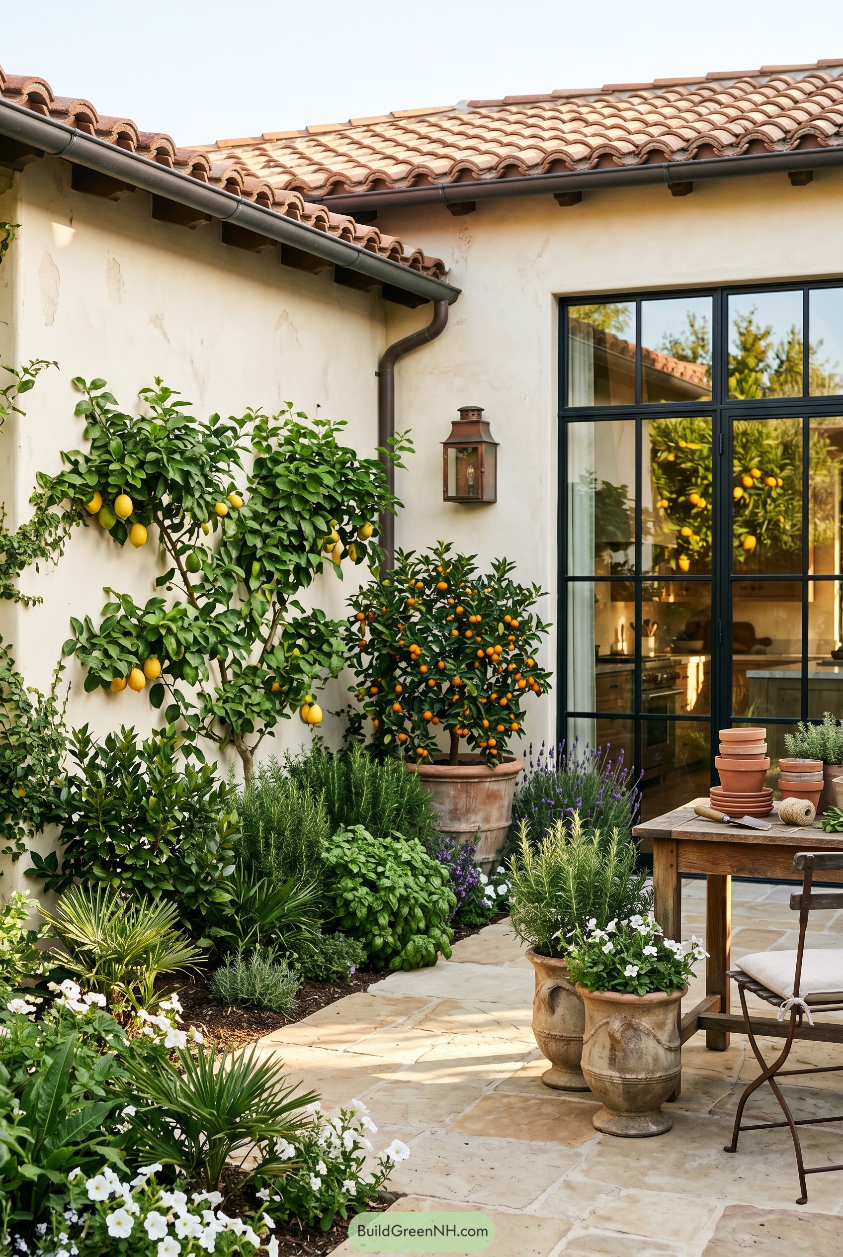 Mediterranean courtyard with citrus trees and black doors