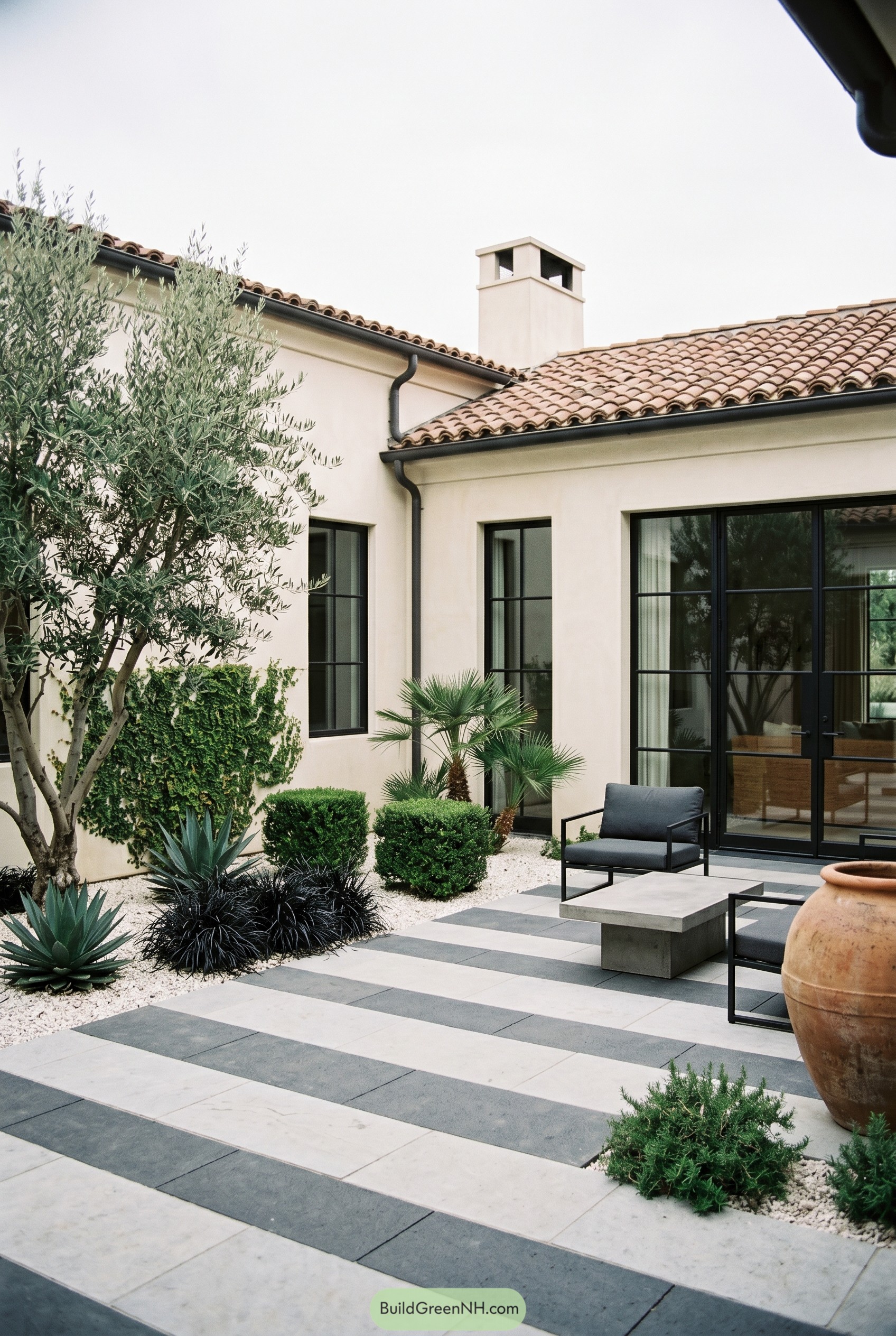 Modern courtyard with striped pavers and desert planting