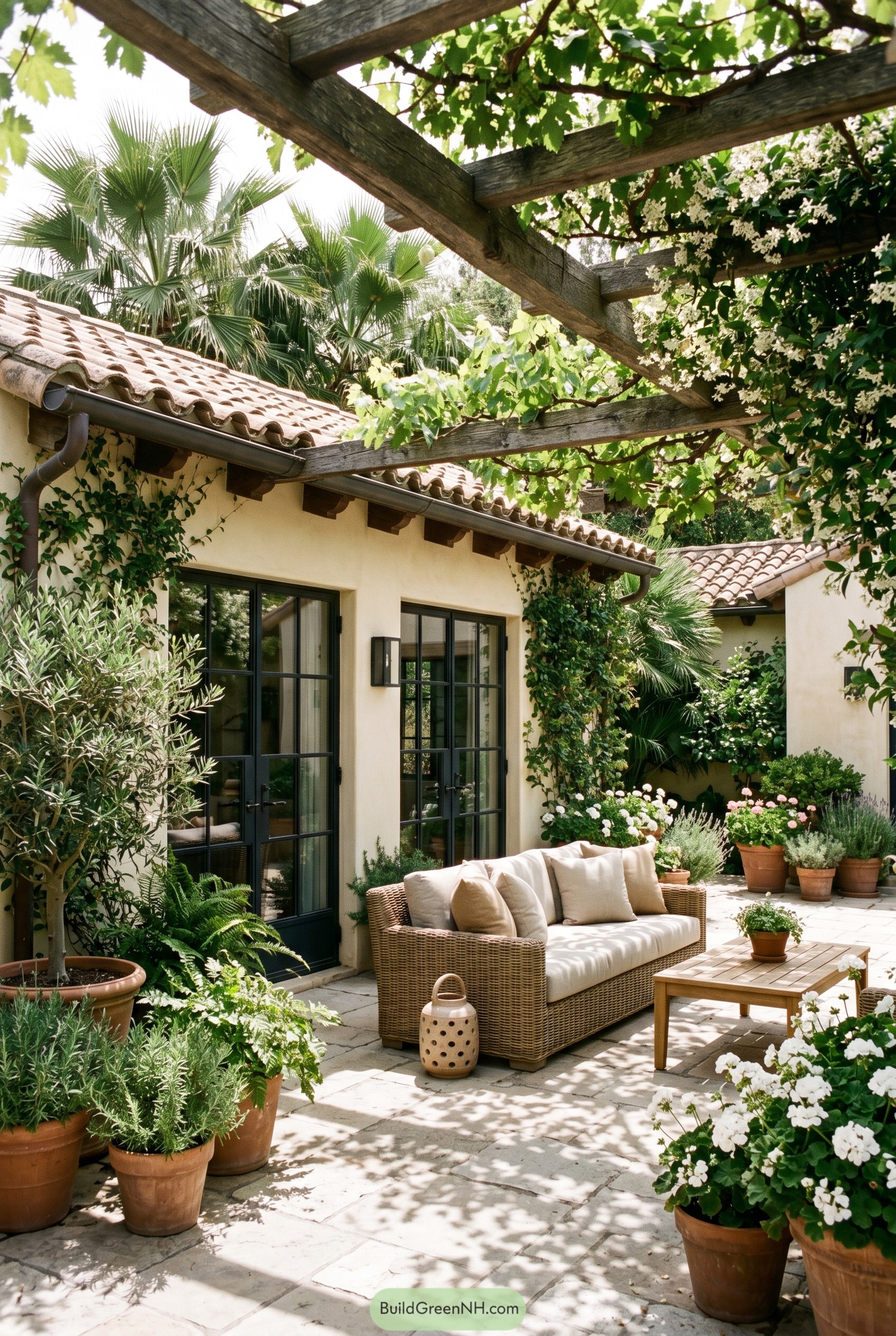 Mediterranean courtyard with vine pergola and wicker sofa