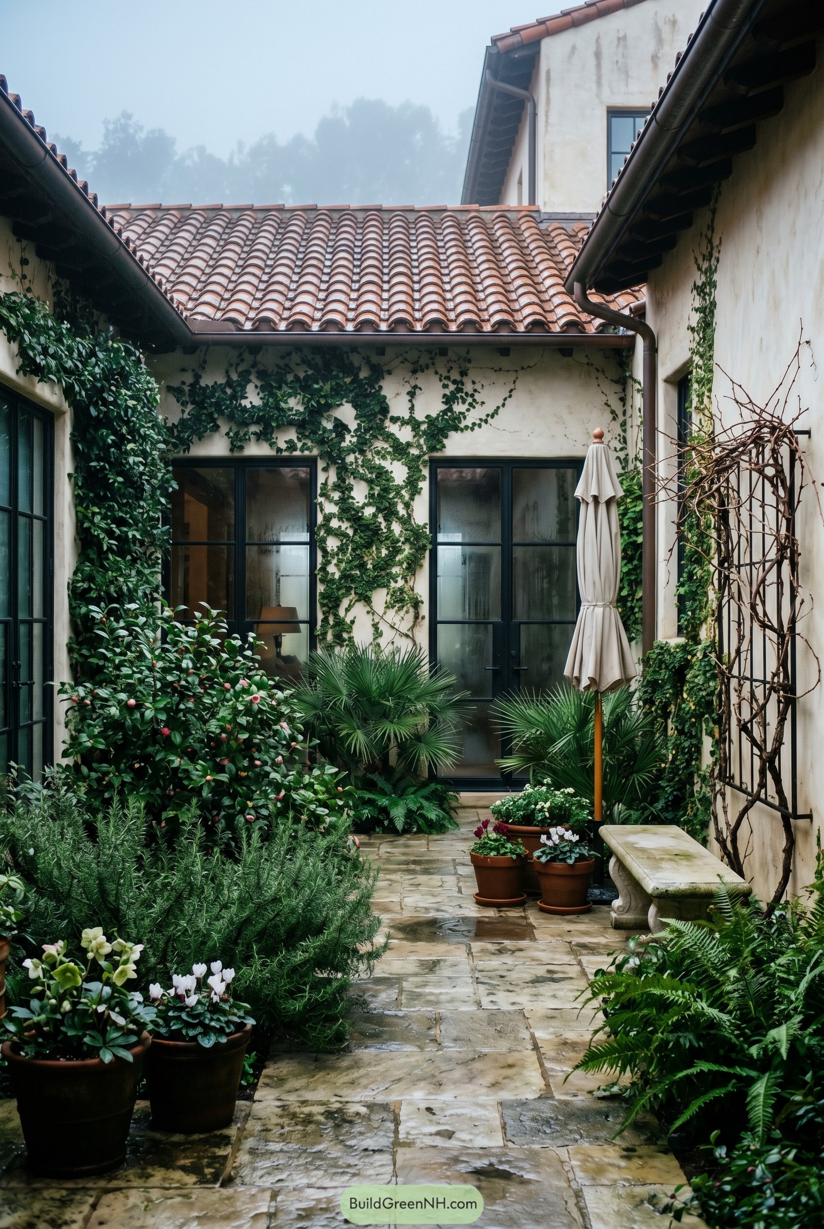 Rainy Mediterranean courtyard with ivy covered stucco walls