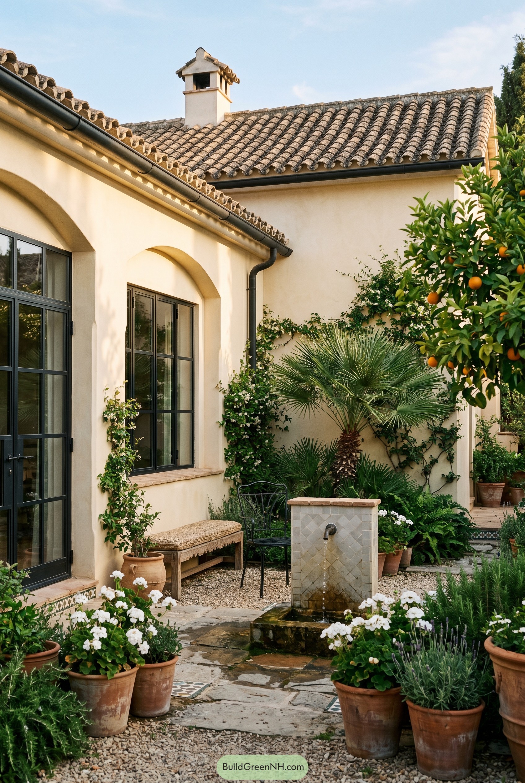 Mediterranean courtyard with tiled fountain and potted greenery