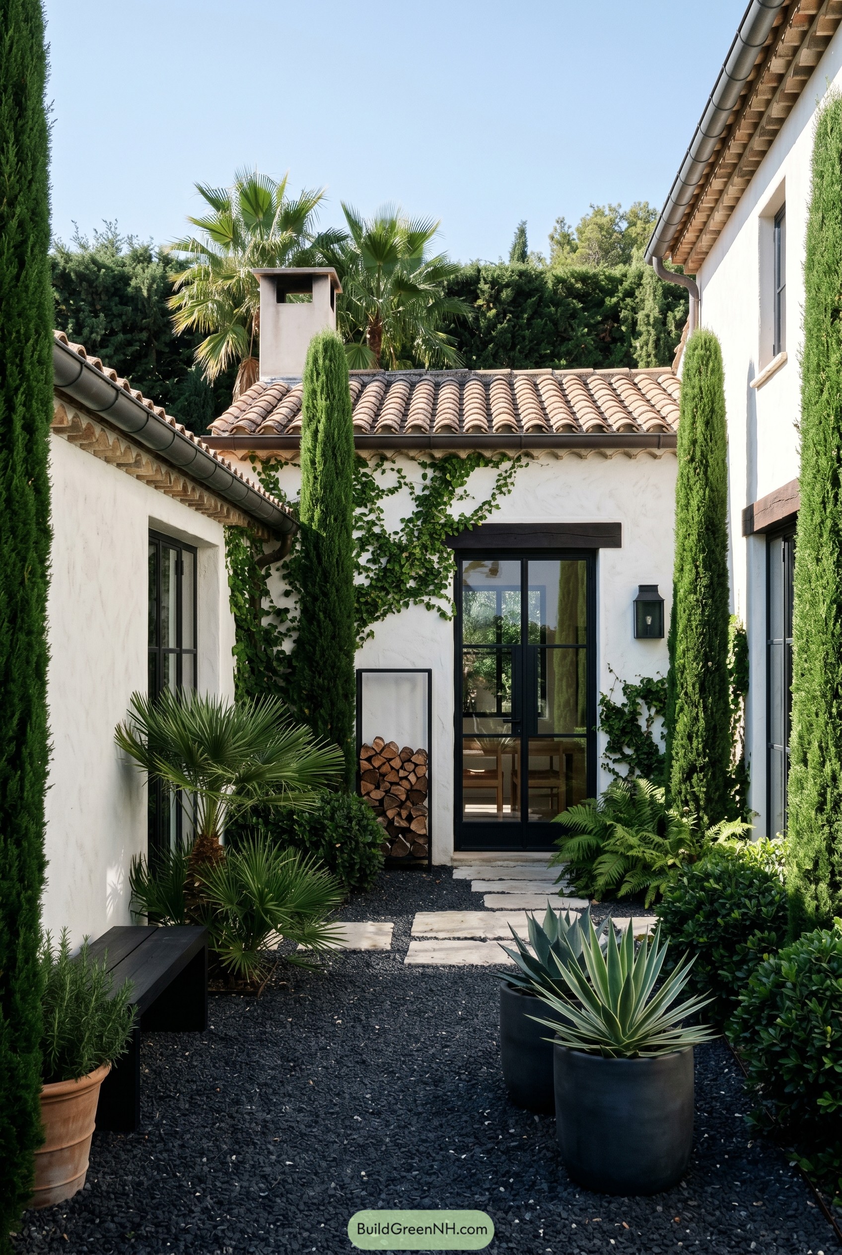 White stucco courtyard with cypress and black gravel