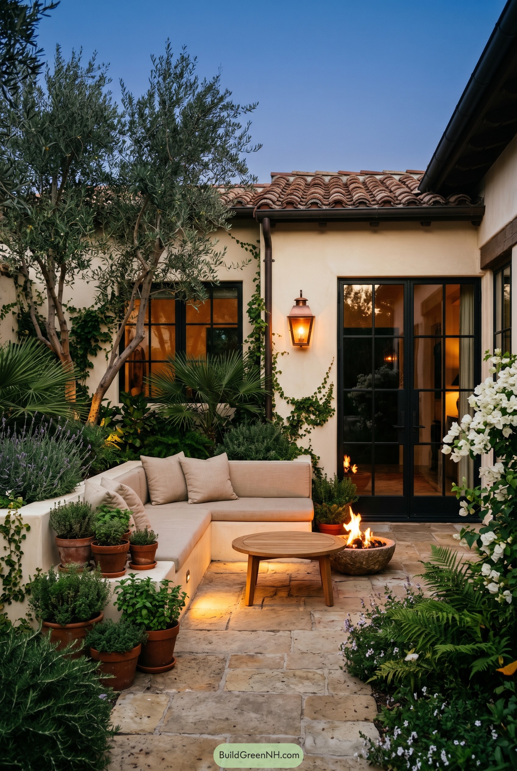 Mediterranean courtyard with built-in sofa and fire bowl