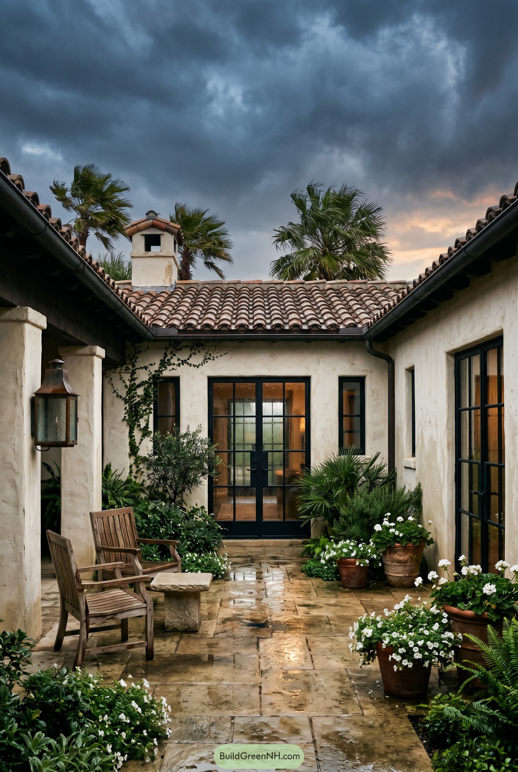 Rainy Mediterranean courtyard with palms and terracotta roof