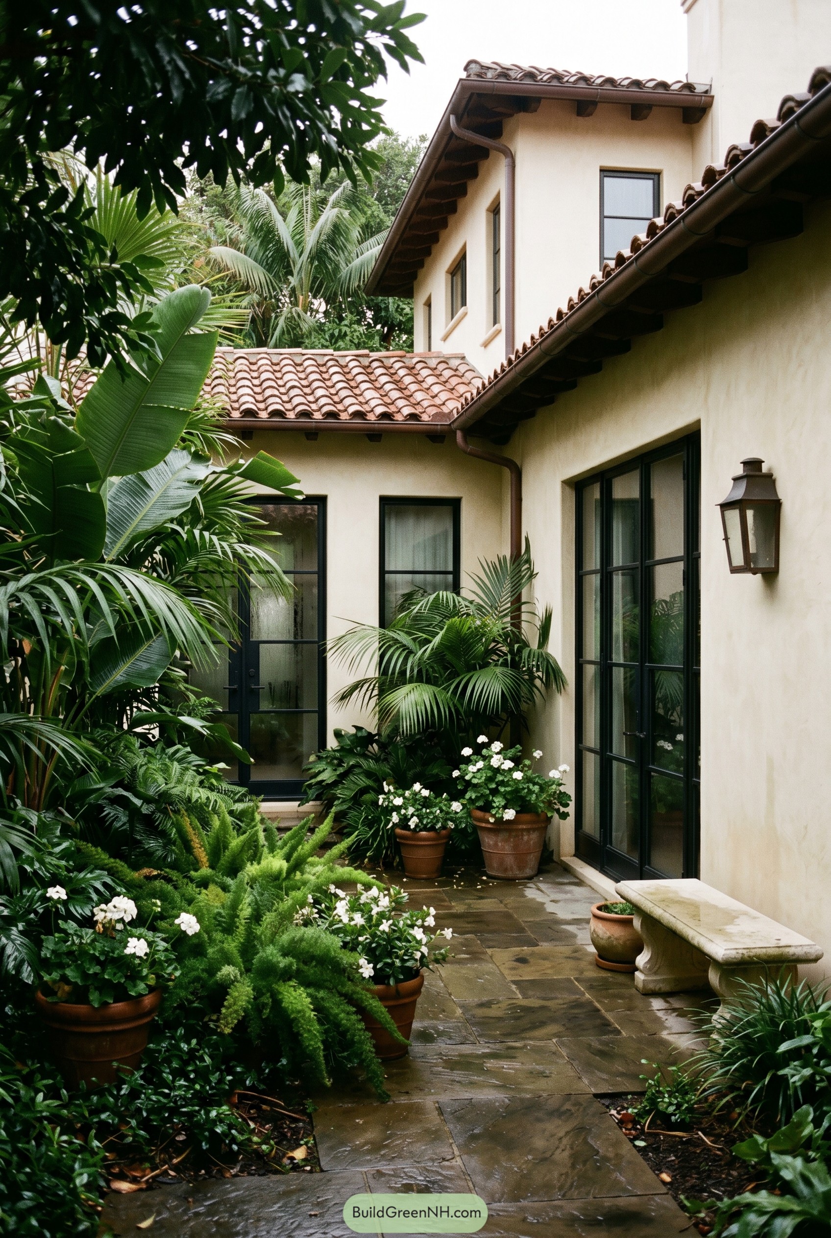 Mediterranean courtyard with lush plants and terracotta roofs