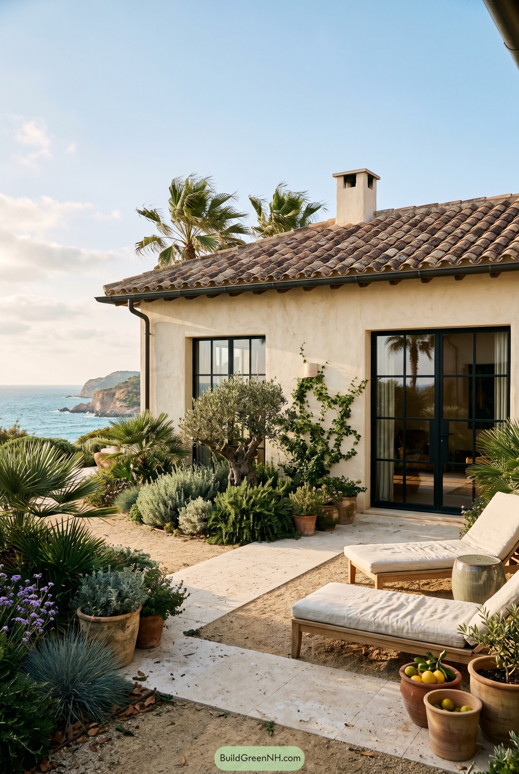 Mediterranean courtyard with ocean view and loungers
