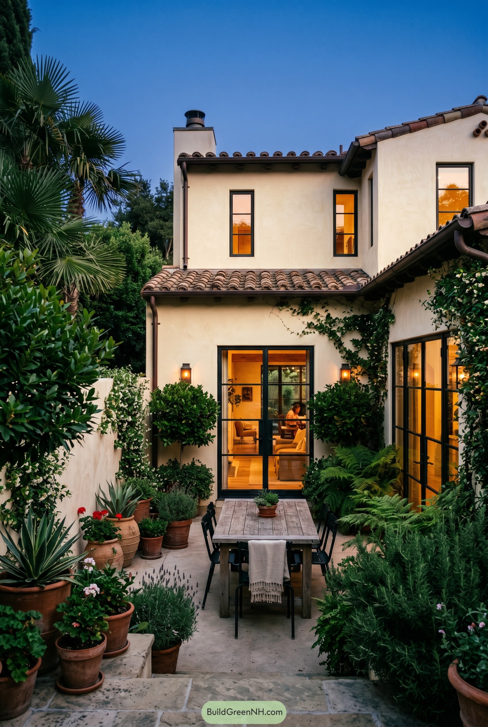 Cozy Mediterranean courtyard with potted greenery and dining table