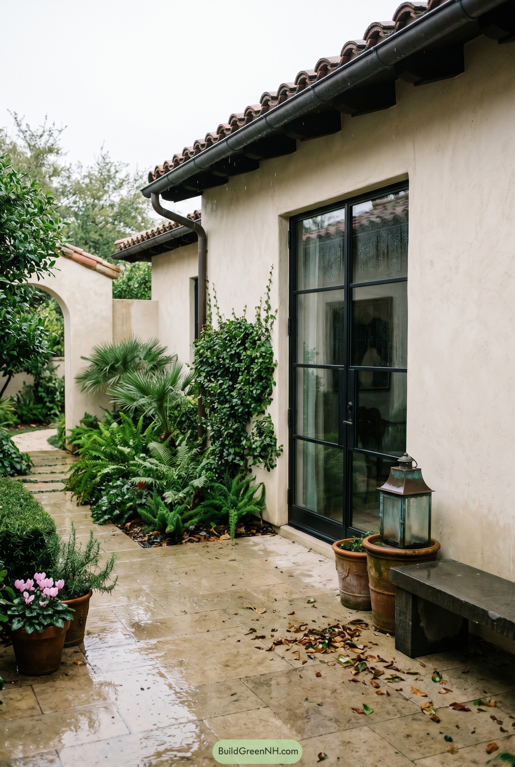 Mediterranean courtyard with wet pavers and lush ferns