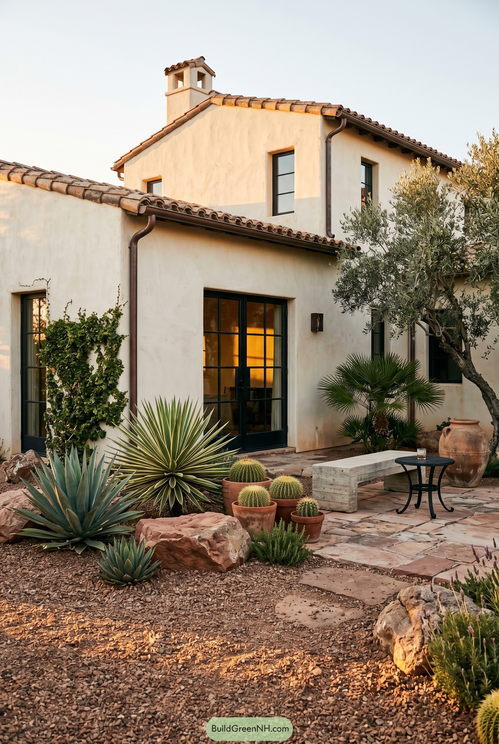 Mediterranean courtyard with agave and stucco walls