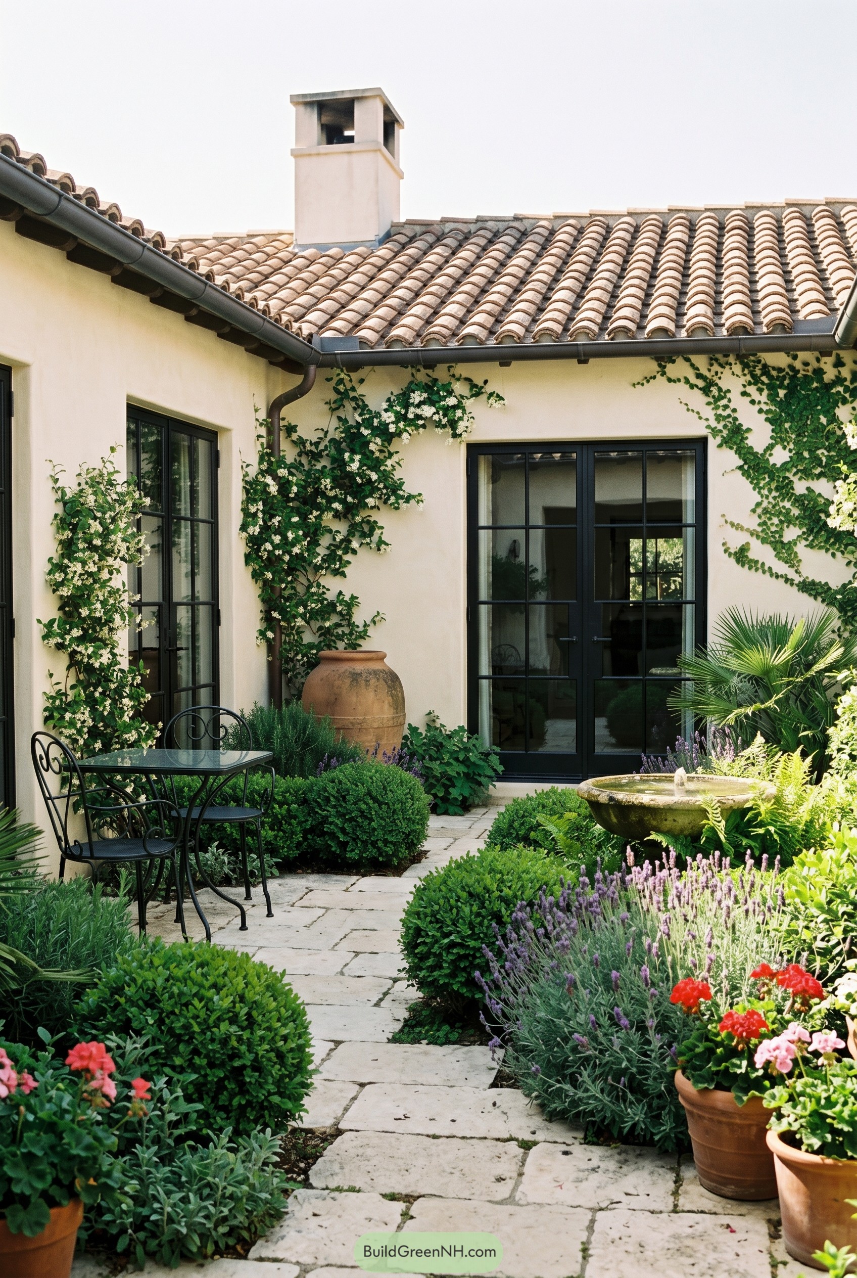 Mediterranean courtyard with vines fountain and stone path