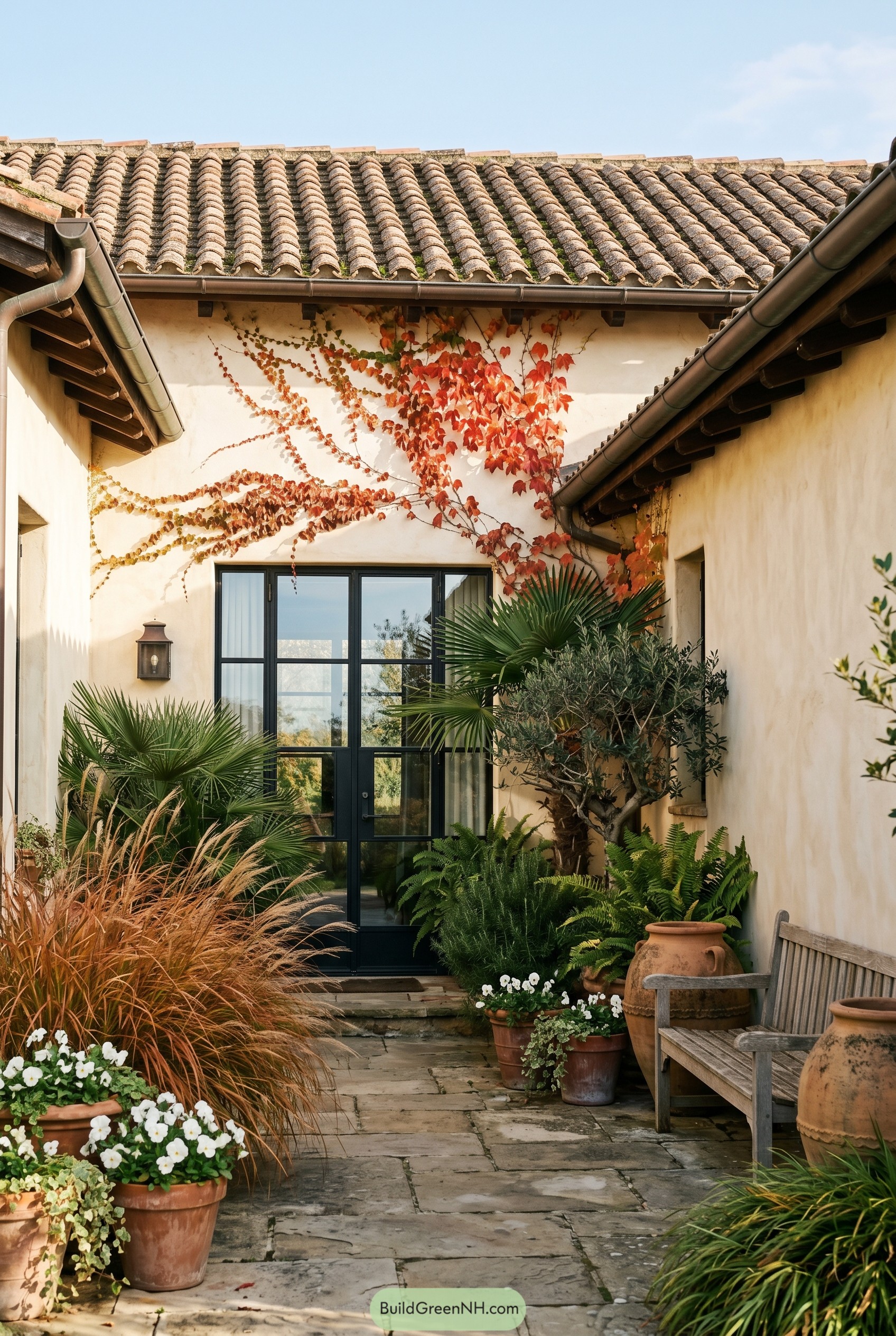 Mediterranean courtyard with vines and potted plants