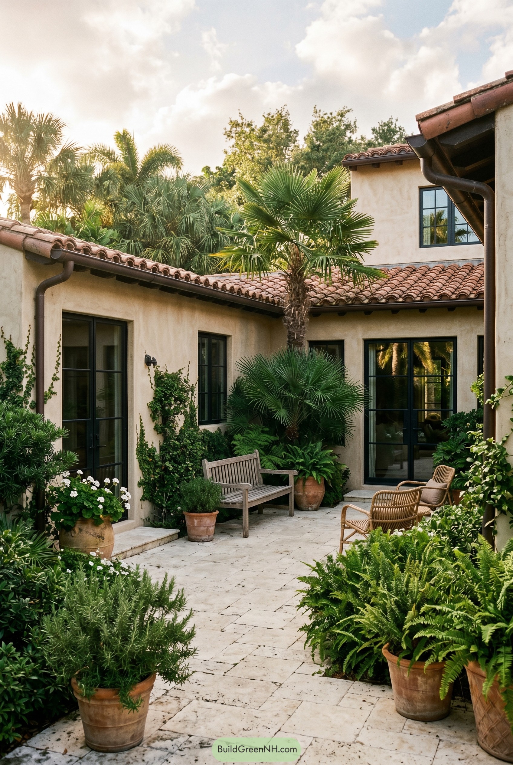 Mediterranean courtyard with palms and terracotta roof