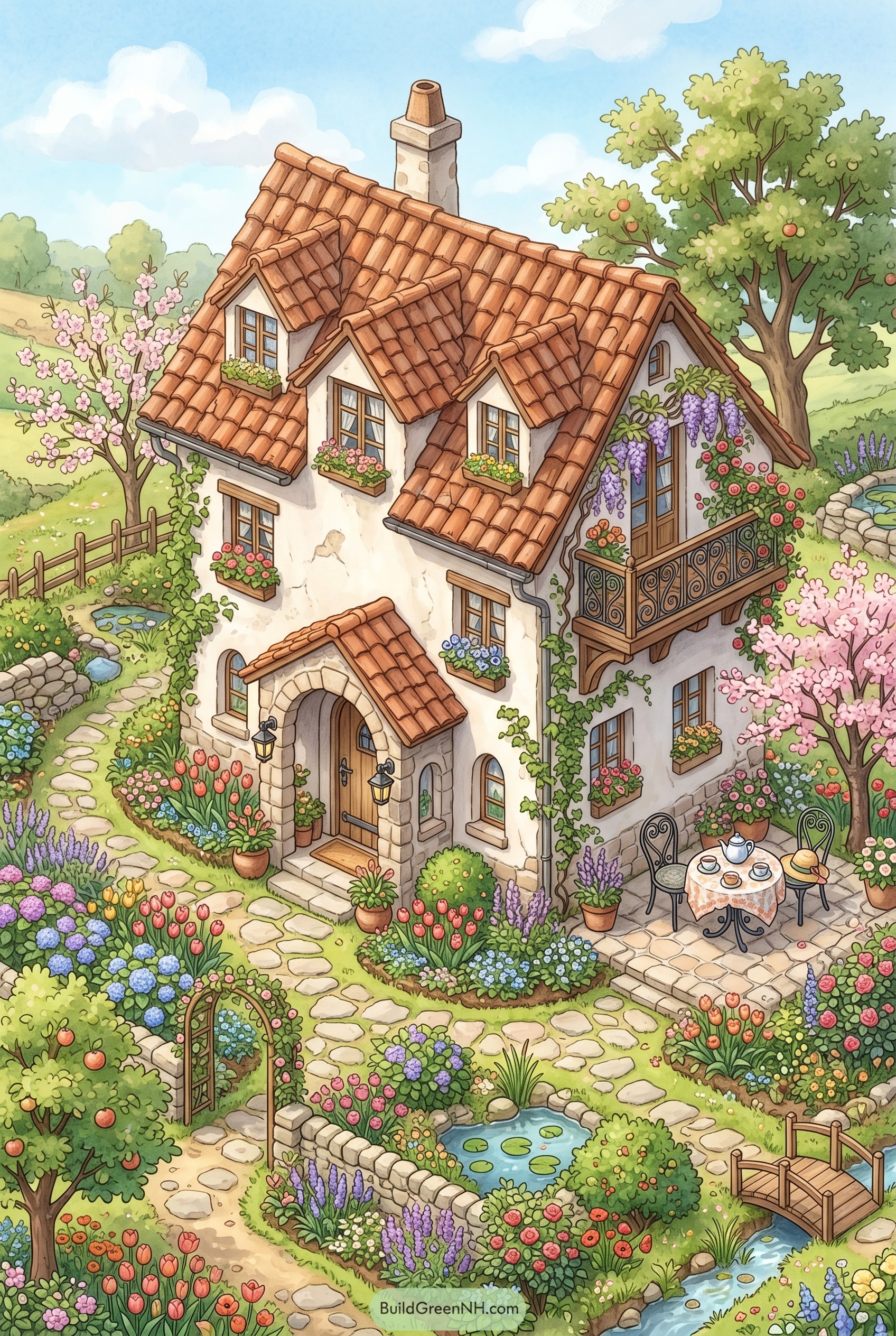 Mediterranean cottage with terracotta roof and lush garden