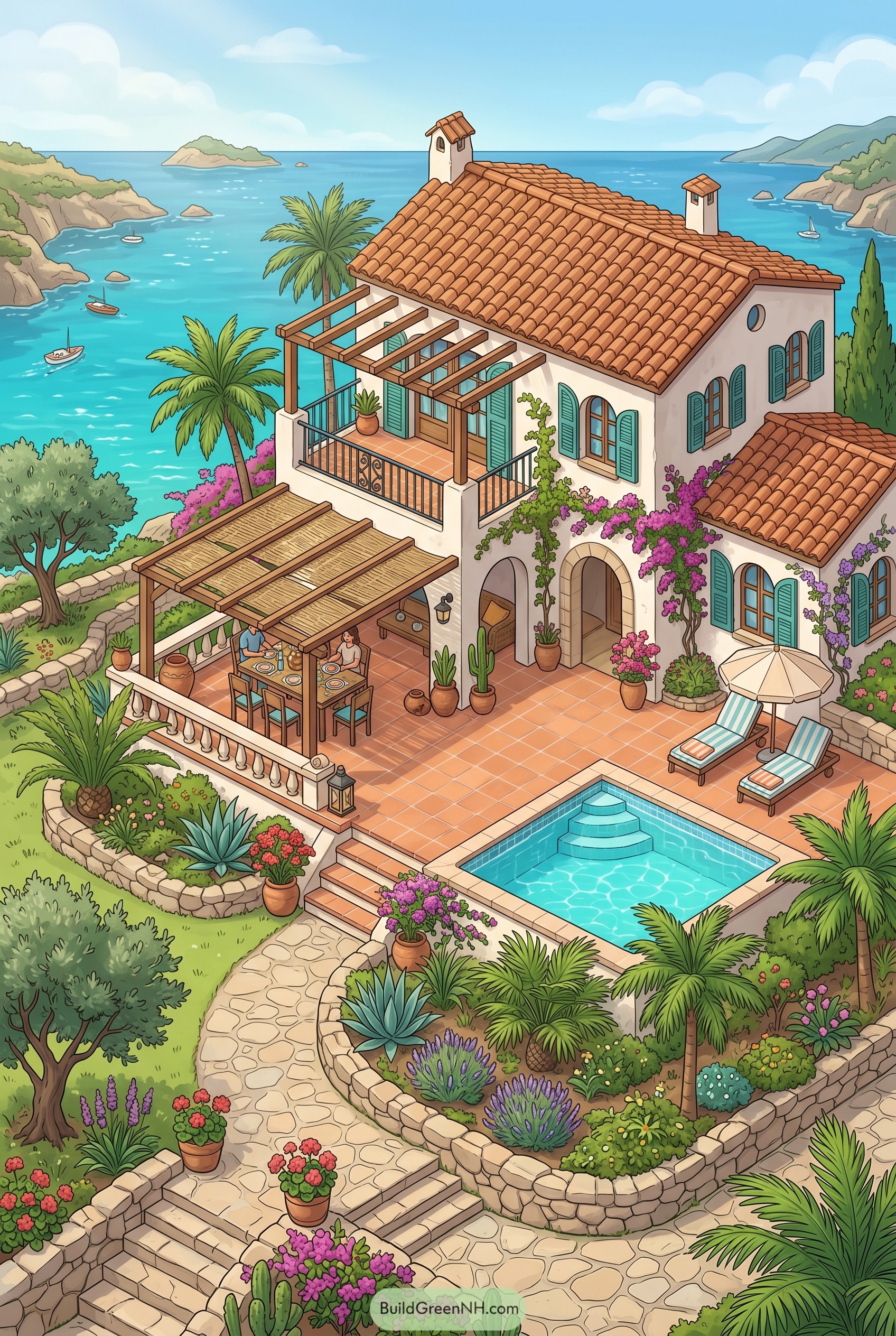 Mediterranean villa with pool overlooking the sea