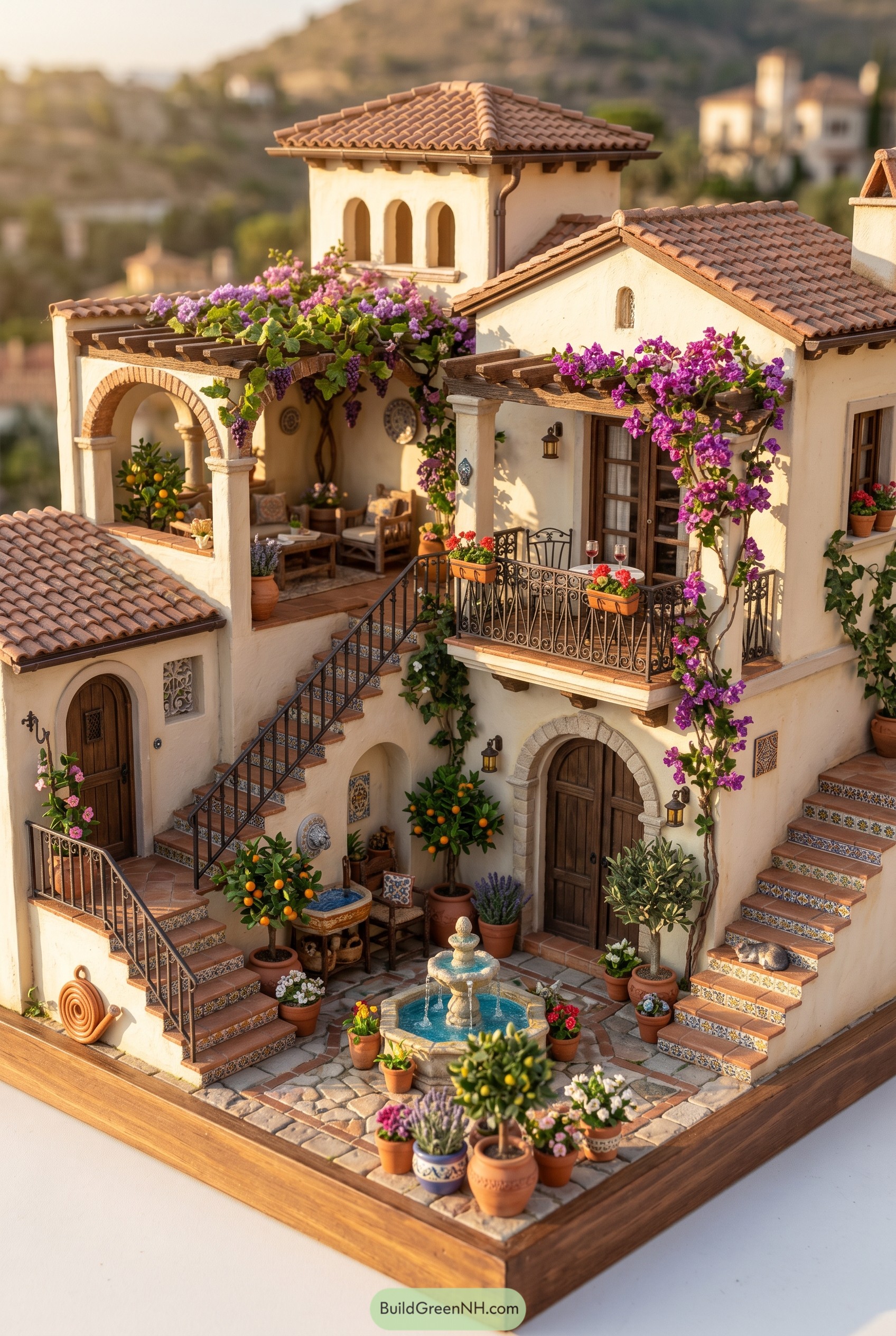 Mediterranean villa courtyard with tiled stairs and flowering vines