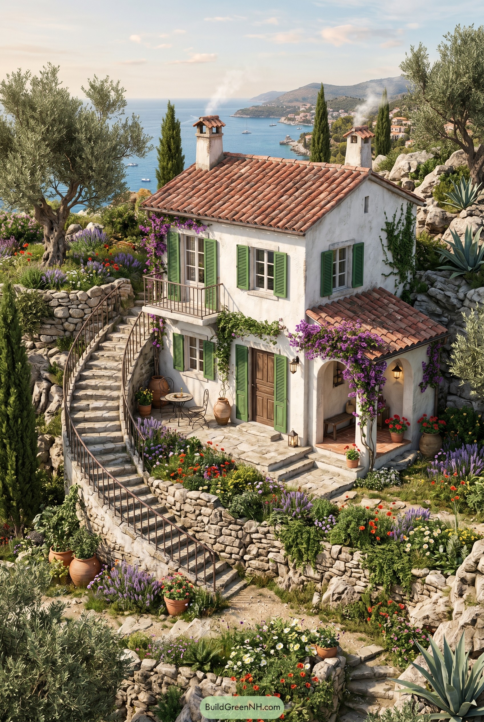 Mediterranean cottage with green shutters overlooking the sea