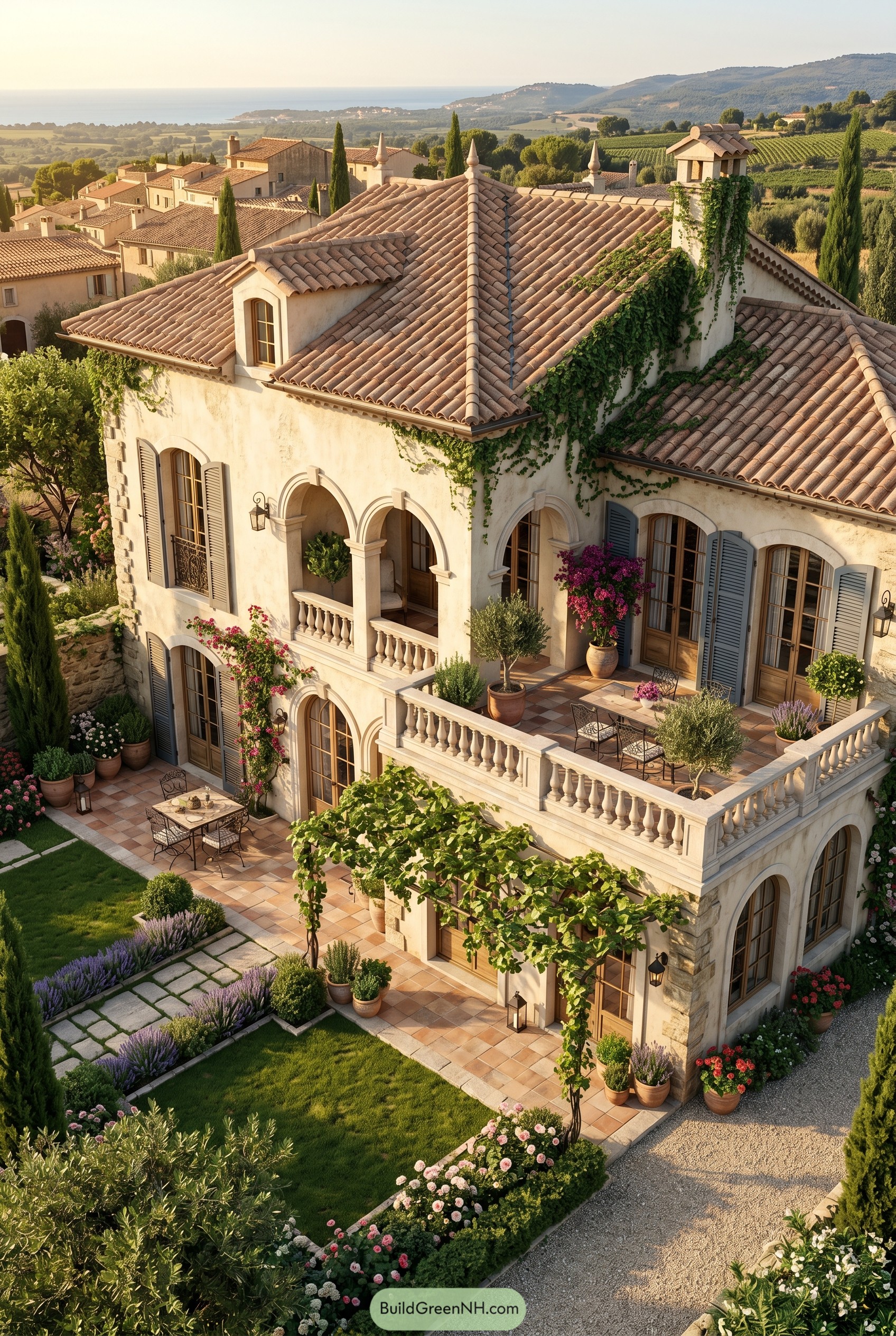 Mediterranean villa with terracotta roof and gardens