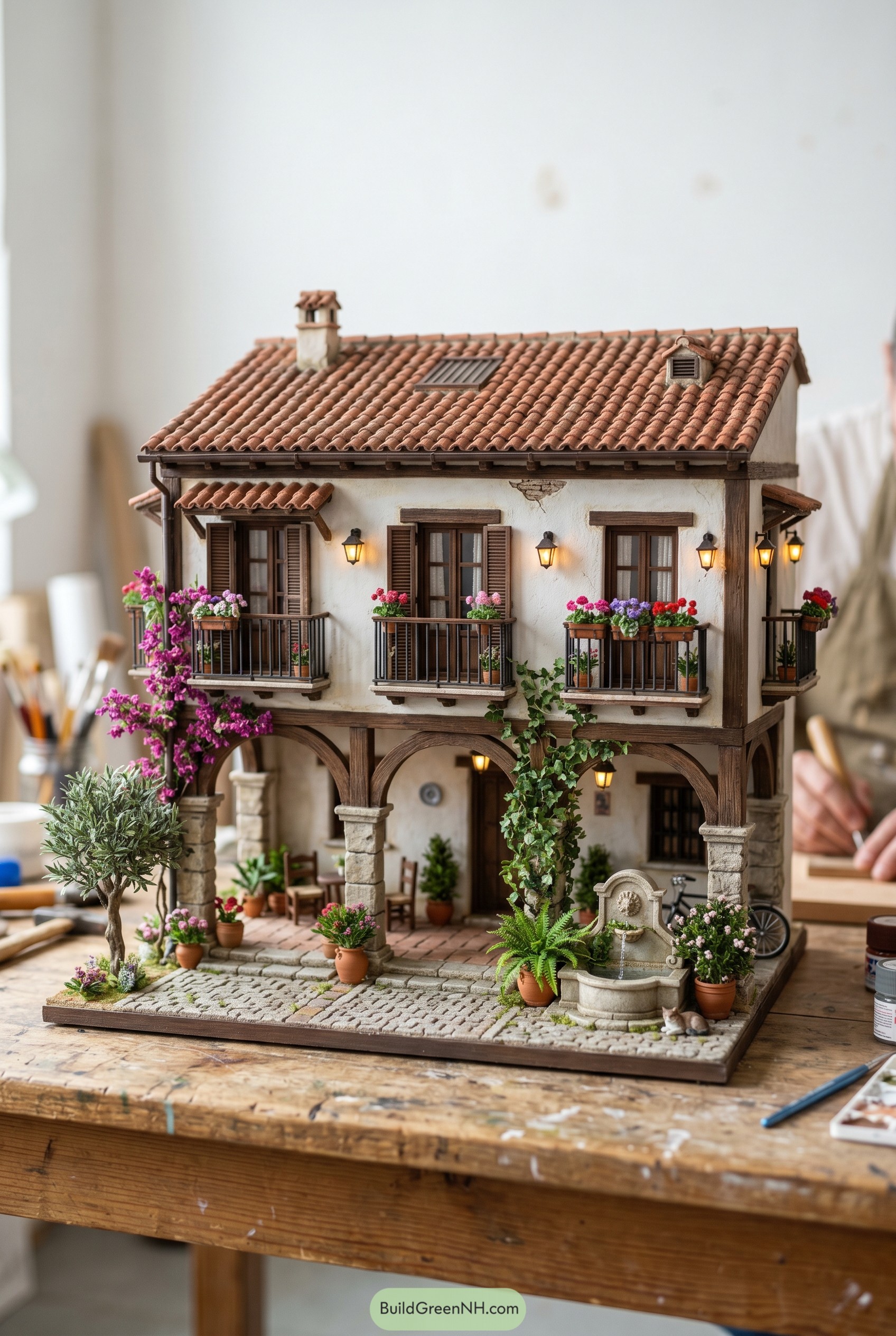 Miniature Mediterranean villa with balconies and tiled roof