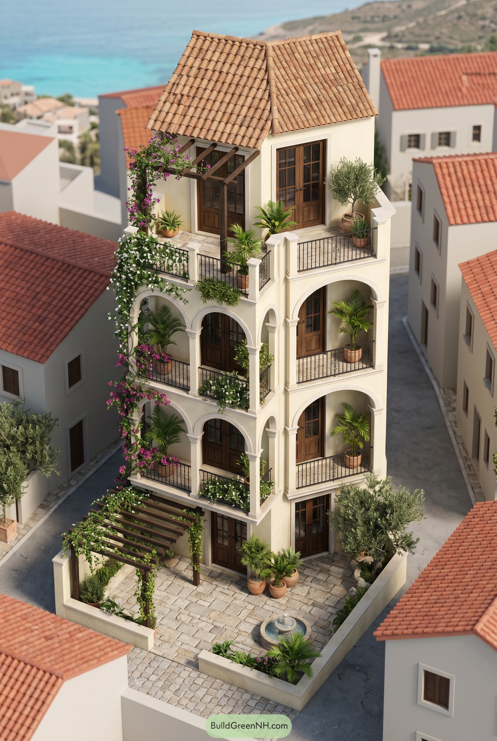 Mediterranean townhouse with arched balconies and vines