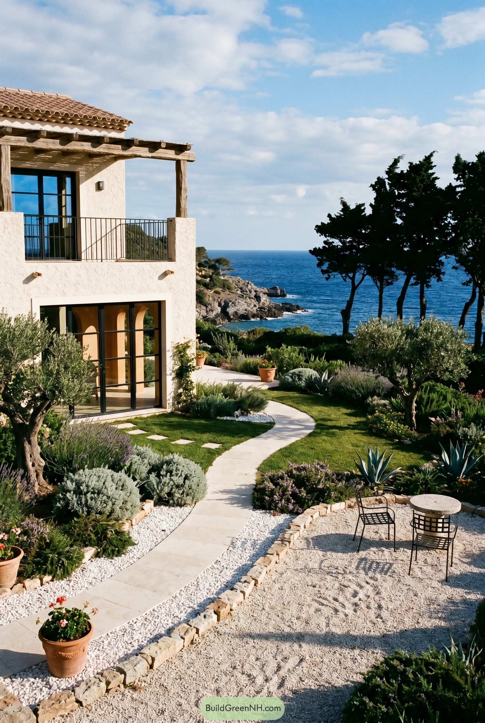 Mediterranean villa garden with a curved path by the sea