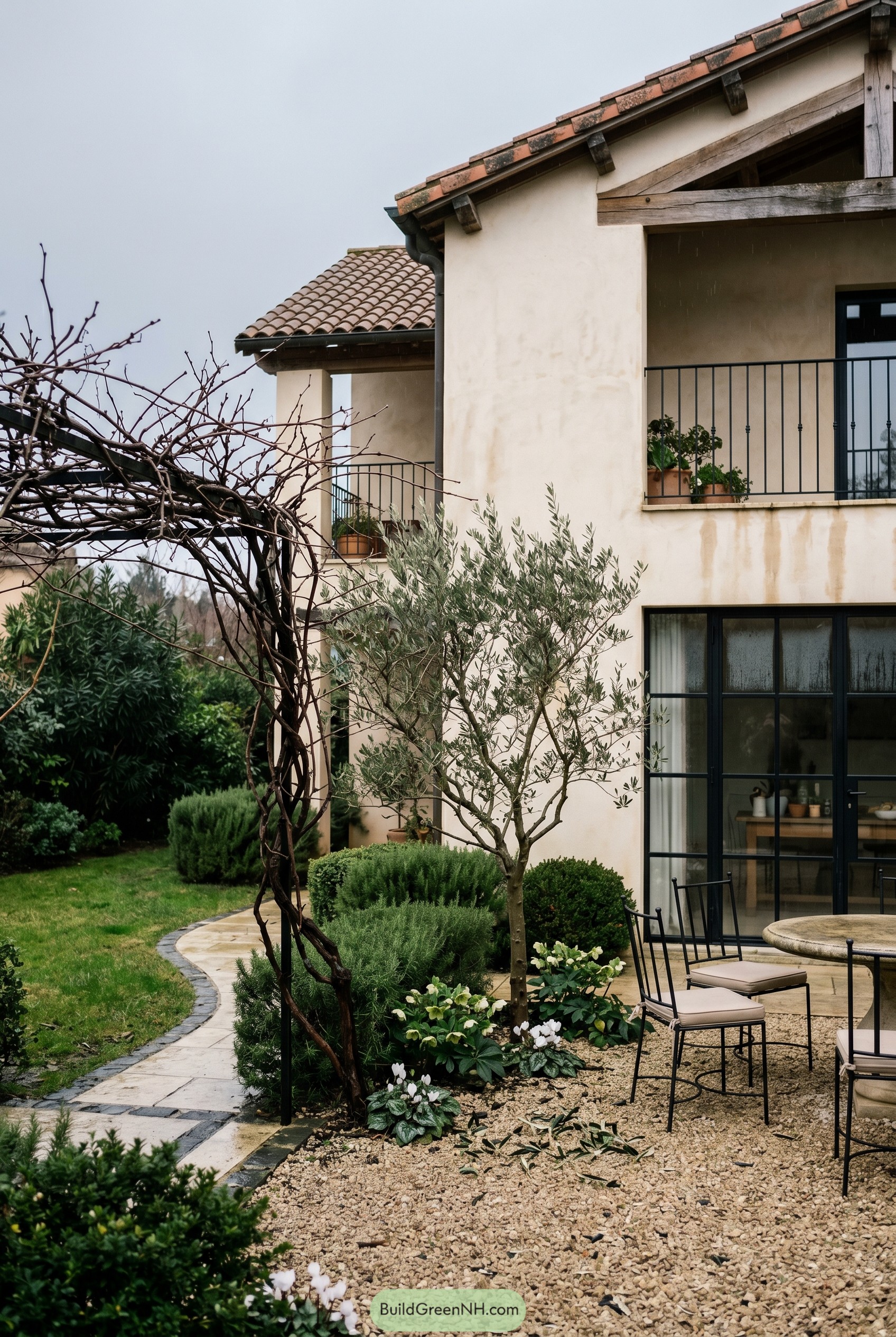 Mediterranean villa garden with gravel patio and olive tree