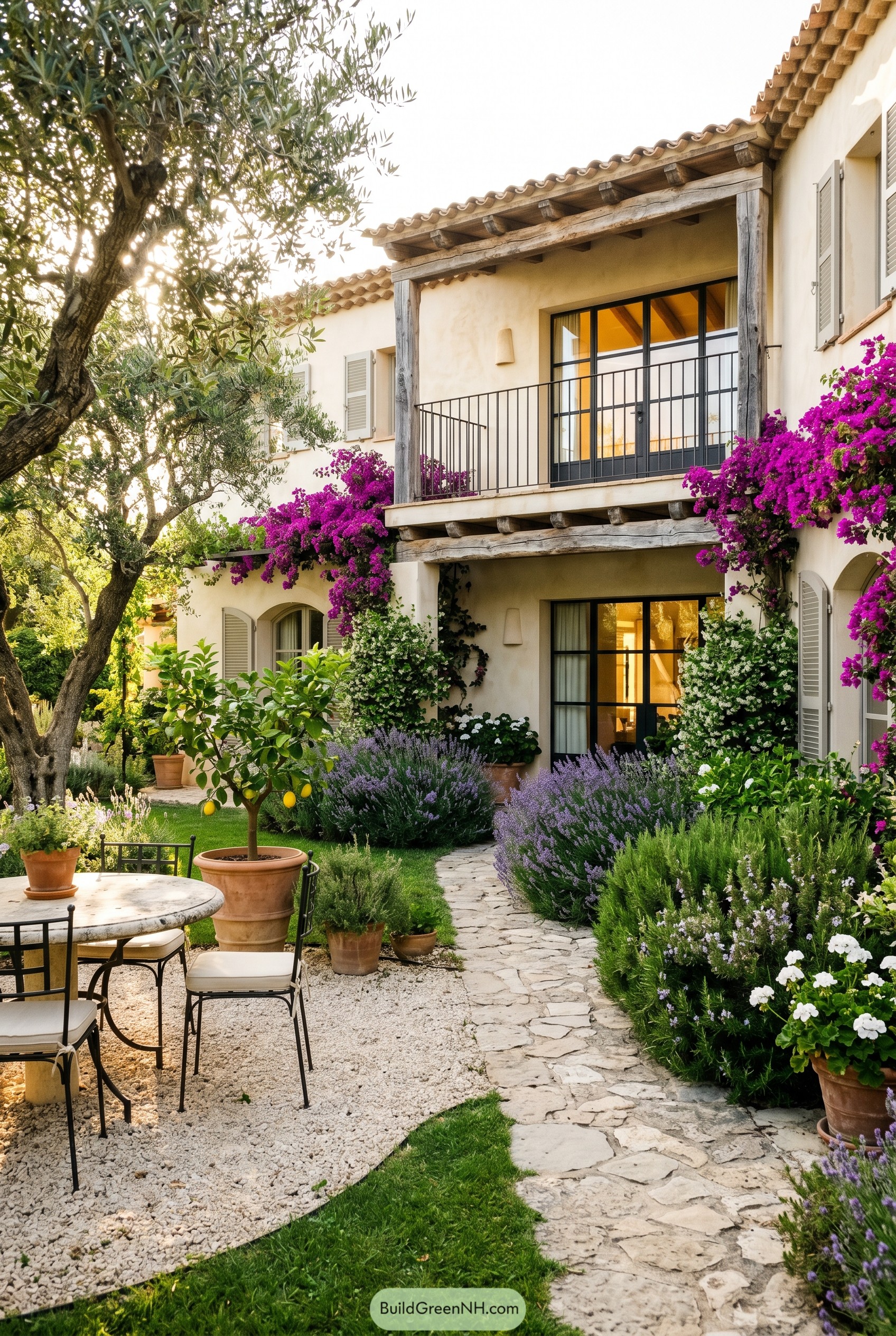 Mediterranean villa garden with bougainvillea and stone path