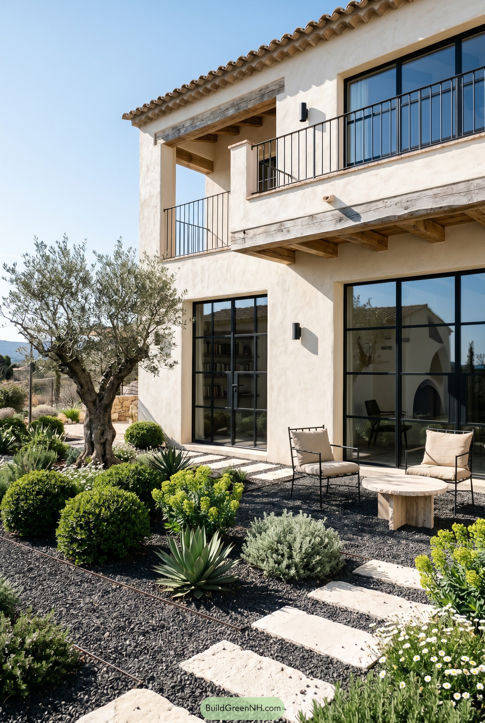 Mediterranean villa garden with olive tree and gravel patio
