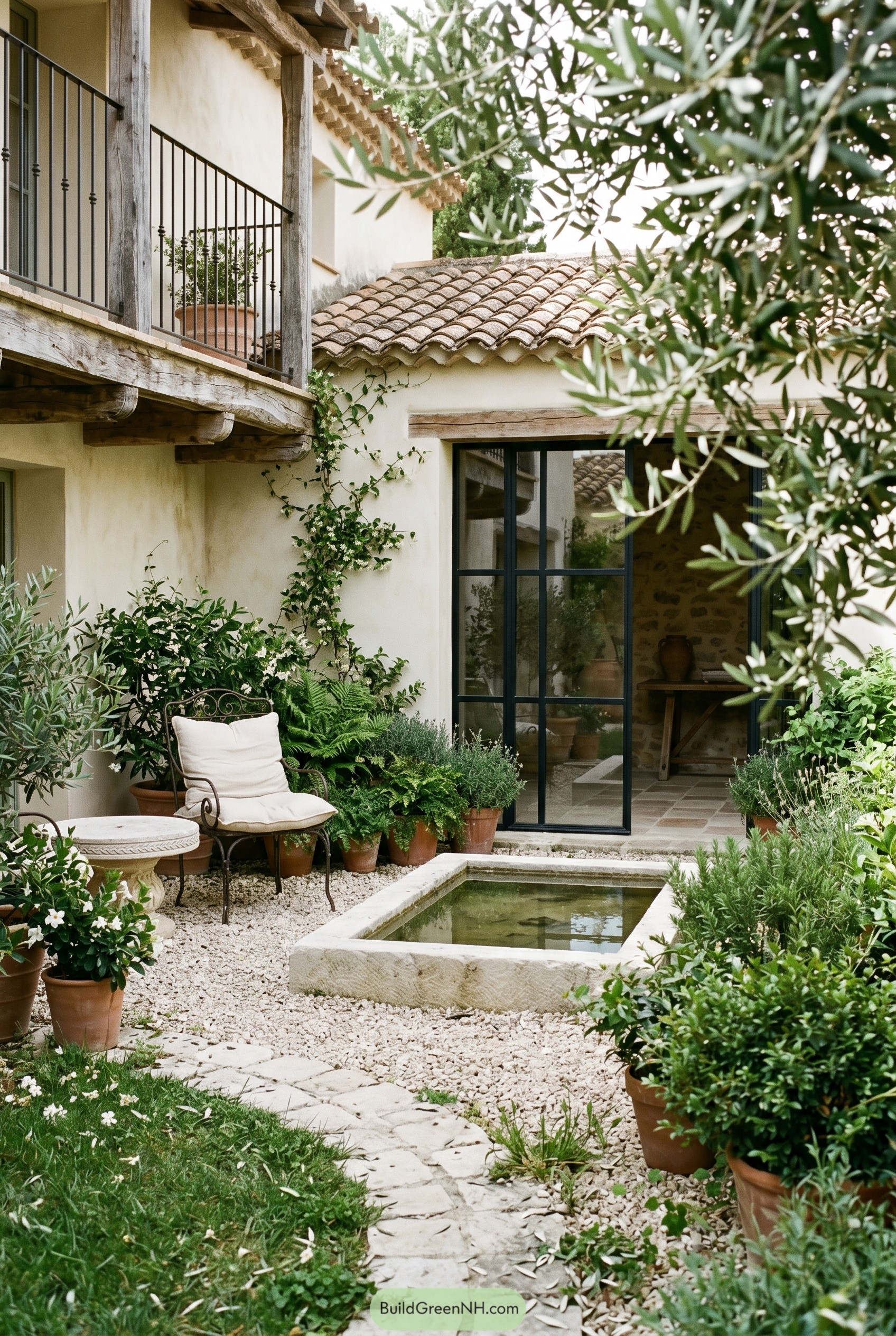 Mediterranean courtyard with stone pool and pots