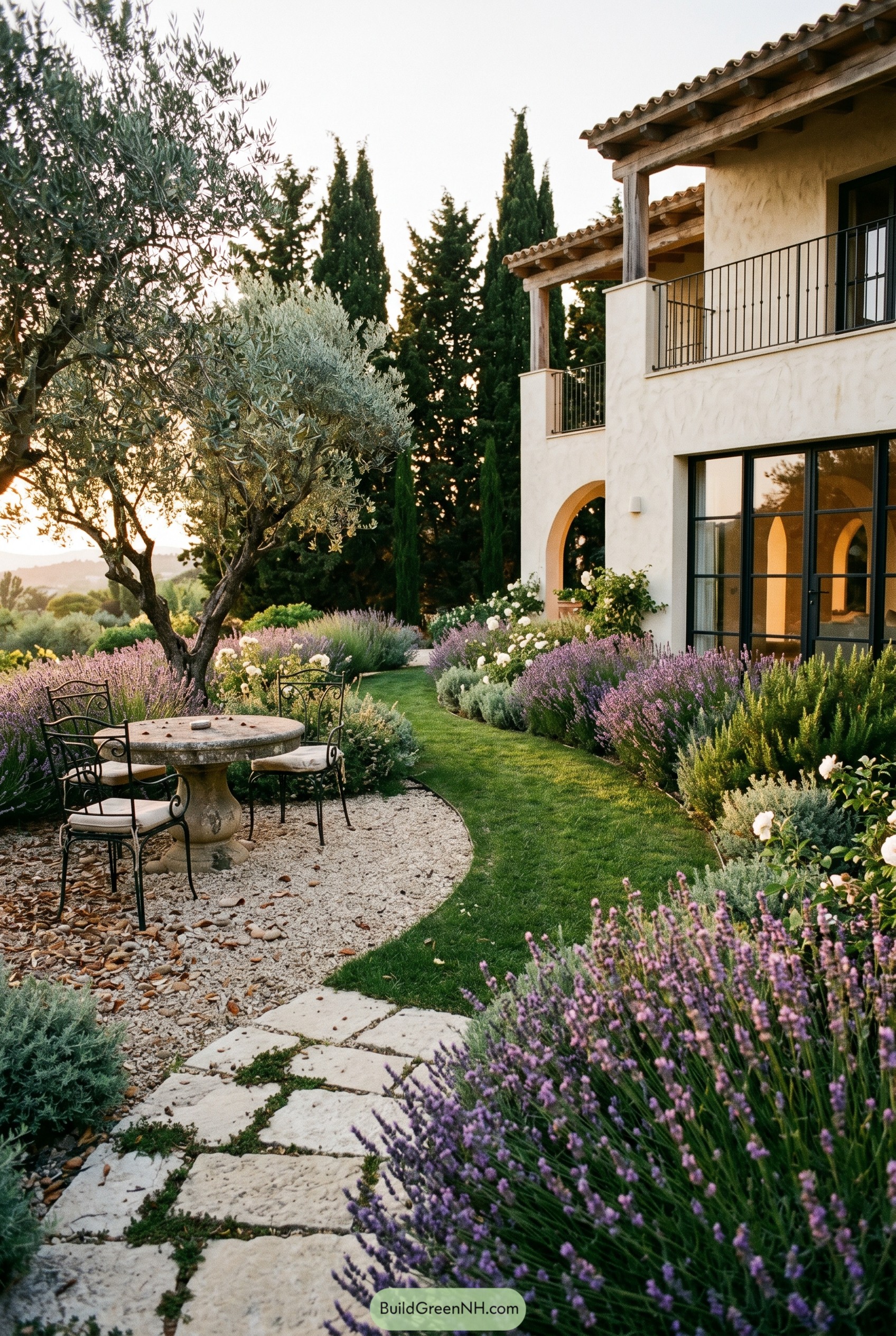 Mediterranean villa garden with lavender and olive trees