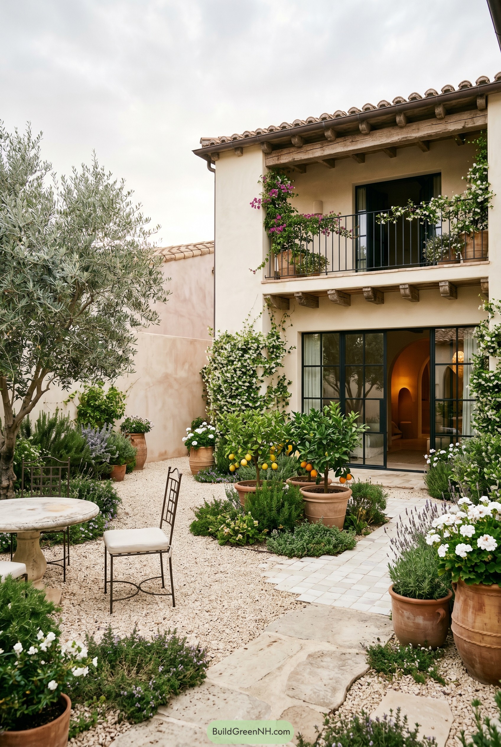 Mediterranean courtyard with citrus pots and flowering balcony