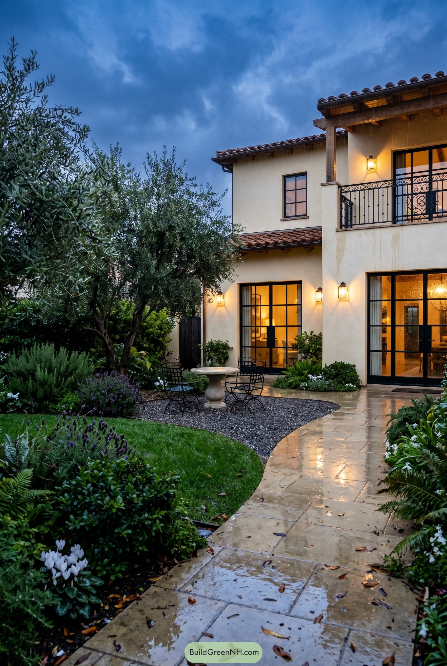 Mediterranean villa patio with olive trees and wet stone path