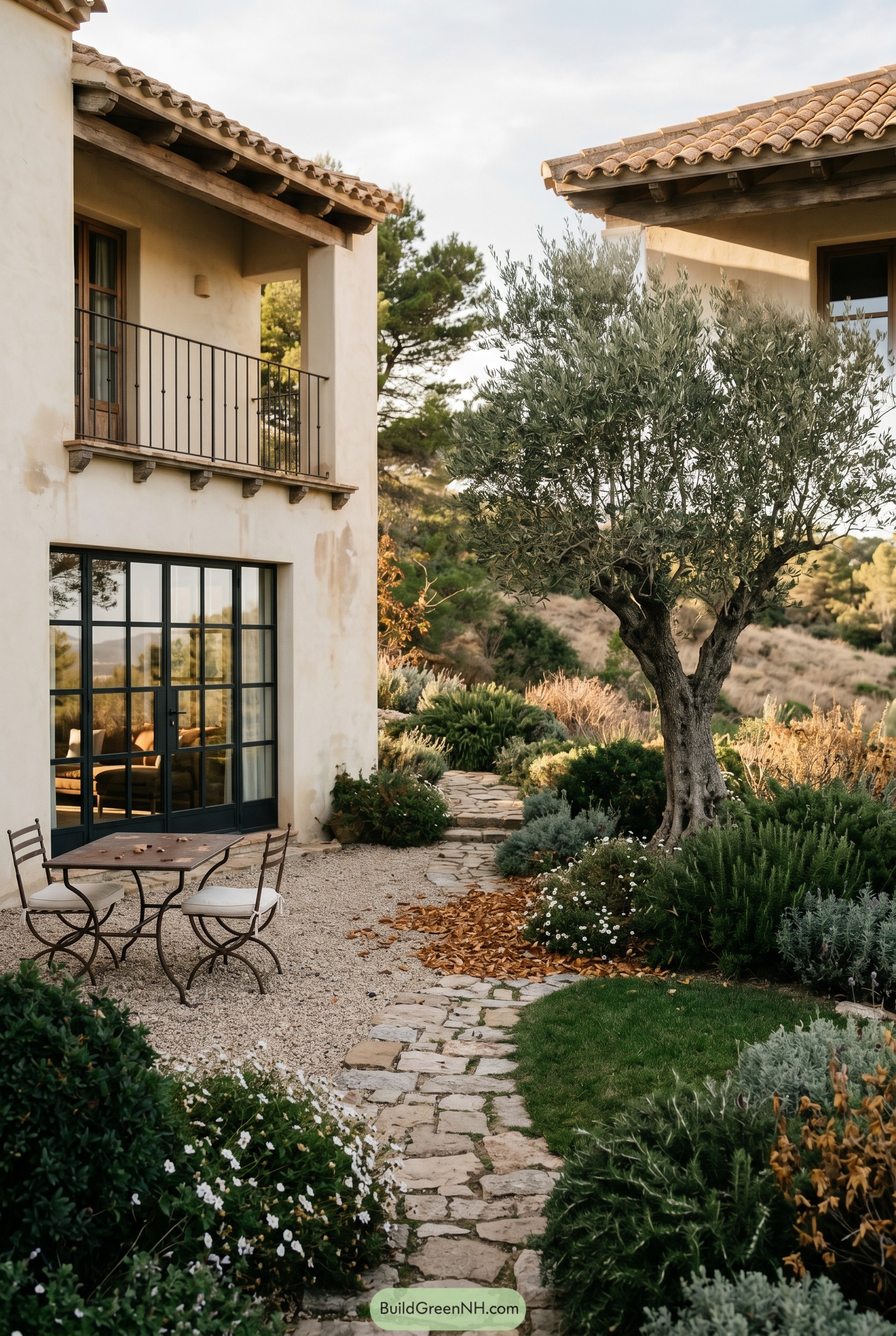 Olive tree beside a Mediterranean stone path and gravel patio