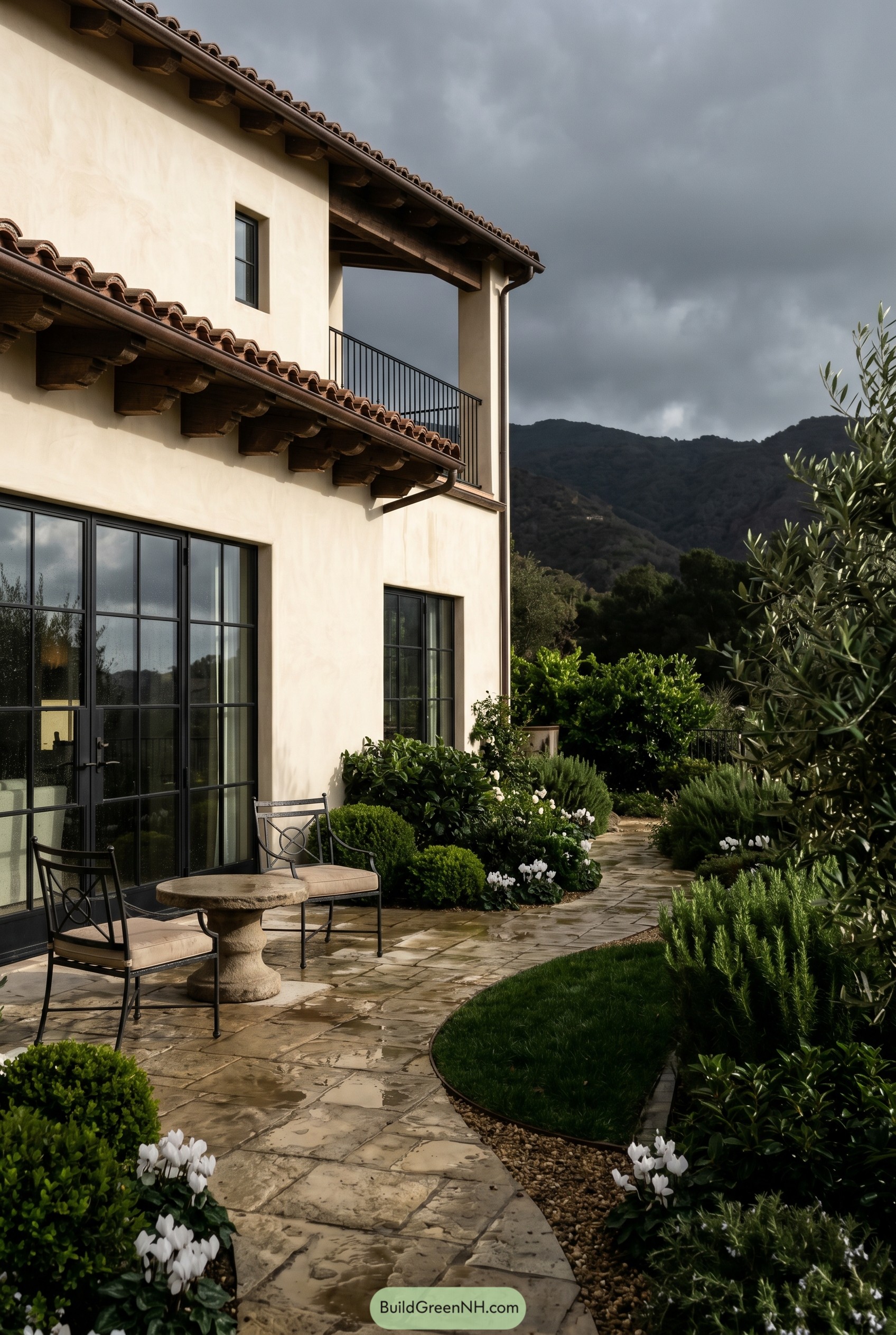 Mediterranean garden with stone path and olive trees