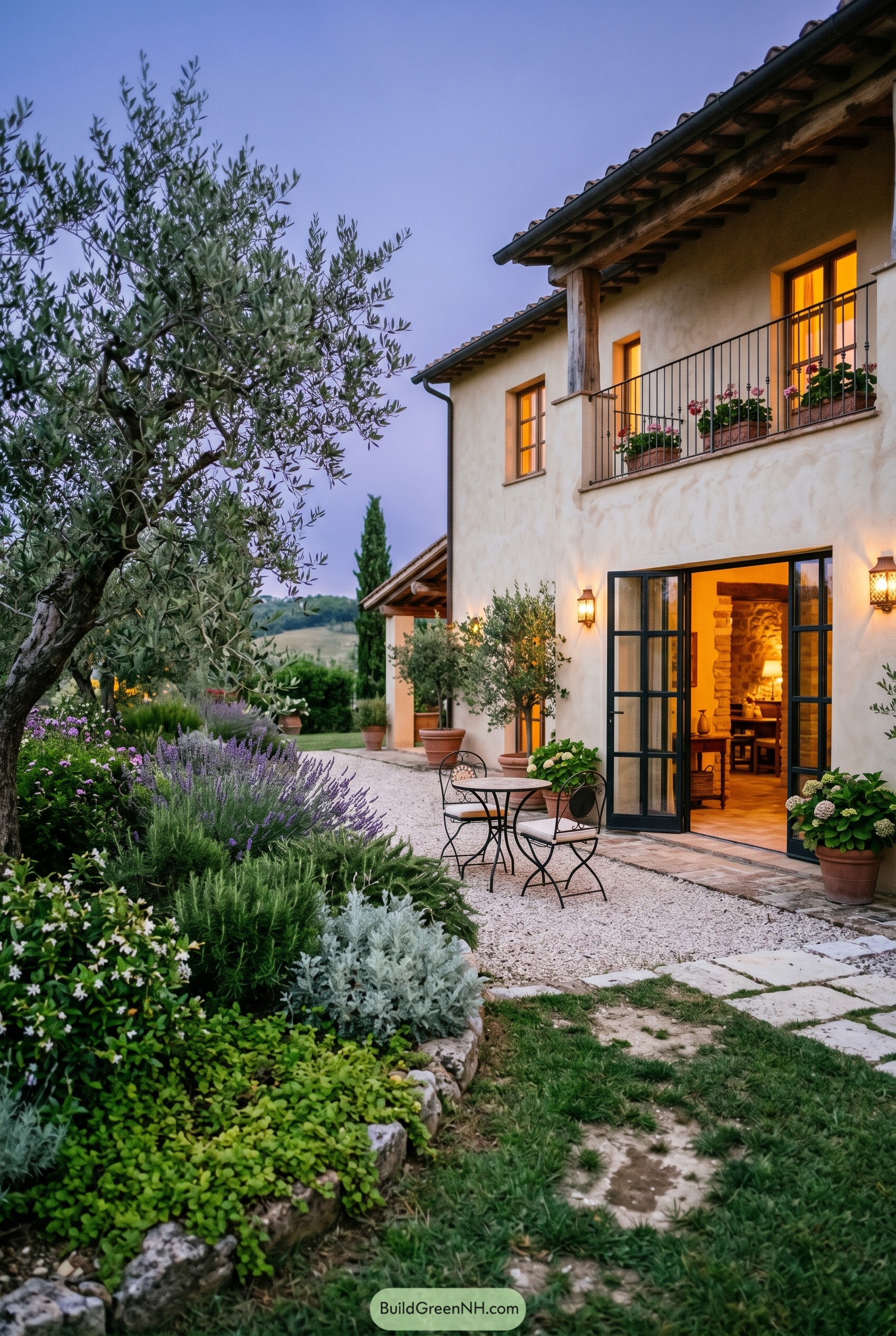 Mediterranean villa garden with olive tree and patio