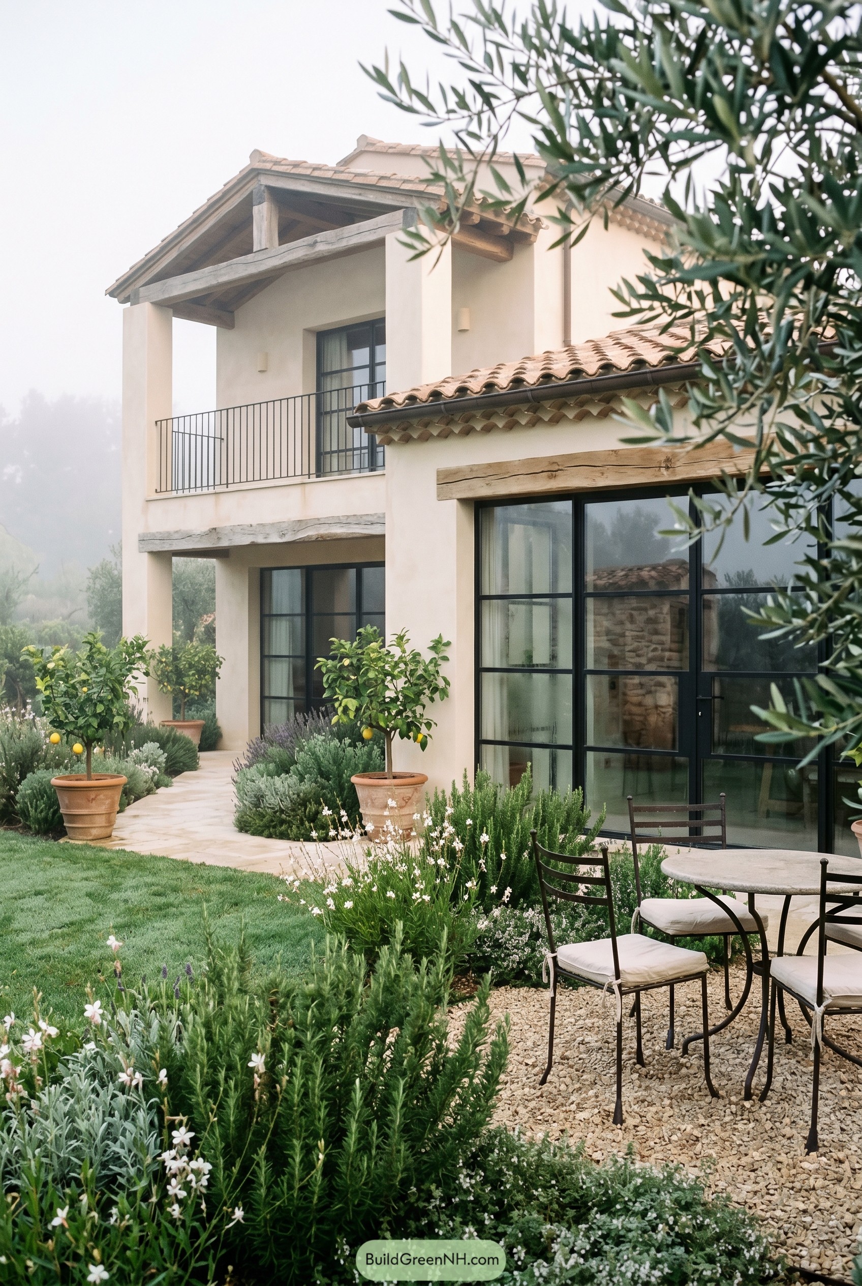 Mediterranean villa garden with citrus pots and gravel patio