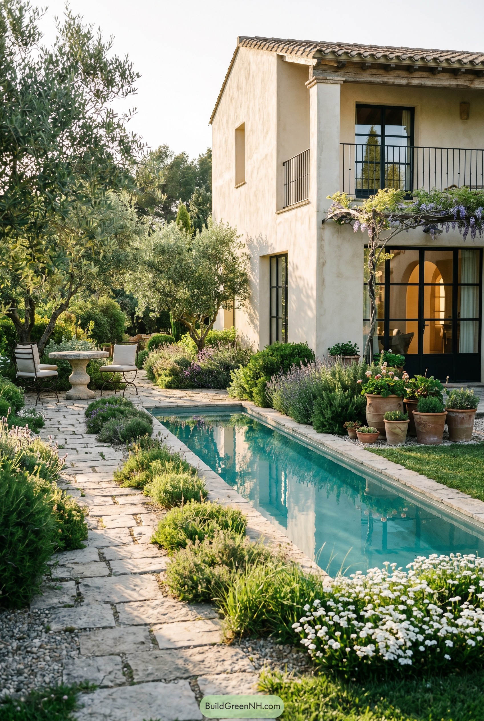 Mediterranean villa garden with pool and olive trees