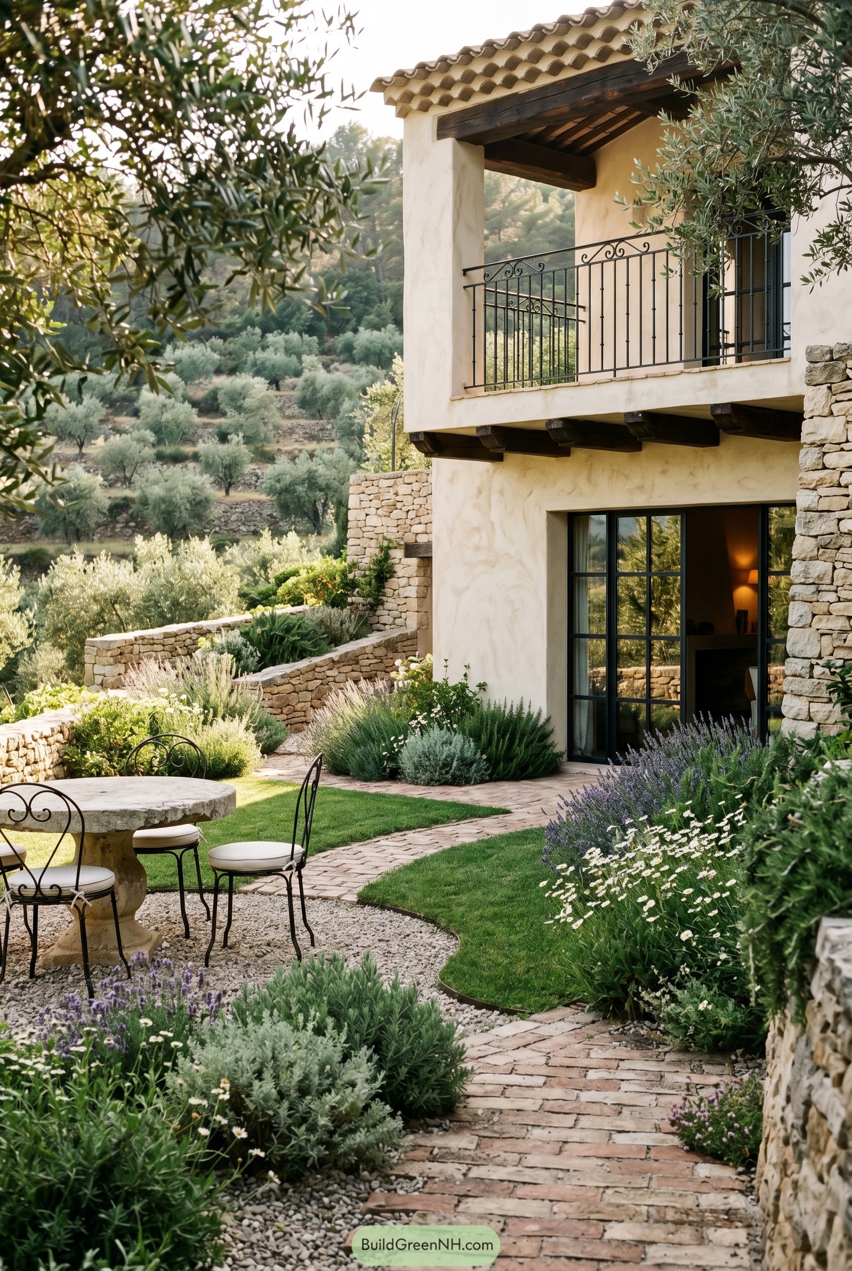 Mediterranean villa garden with stone paths