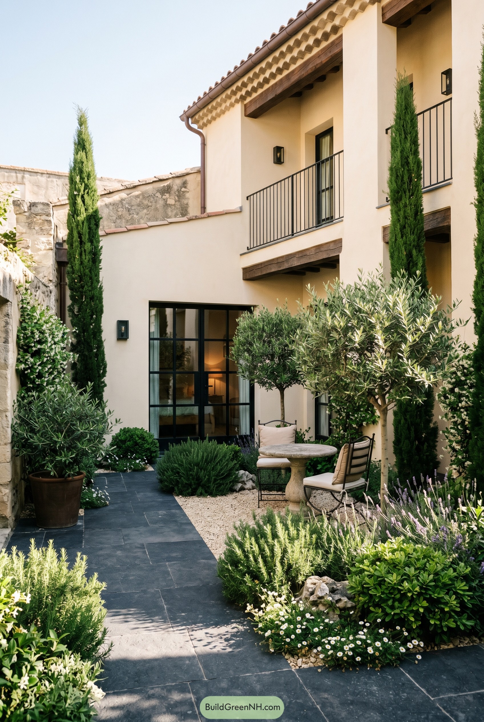 Mediterranean courtyard with cypress and olive trees