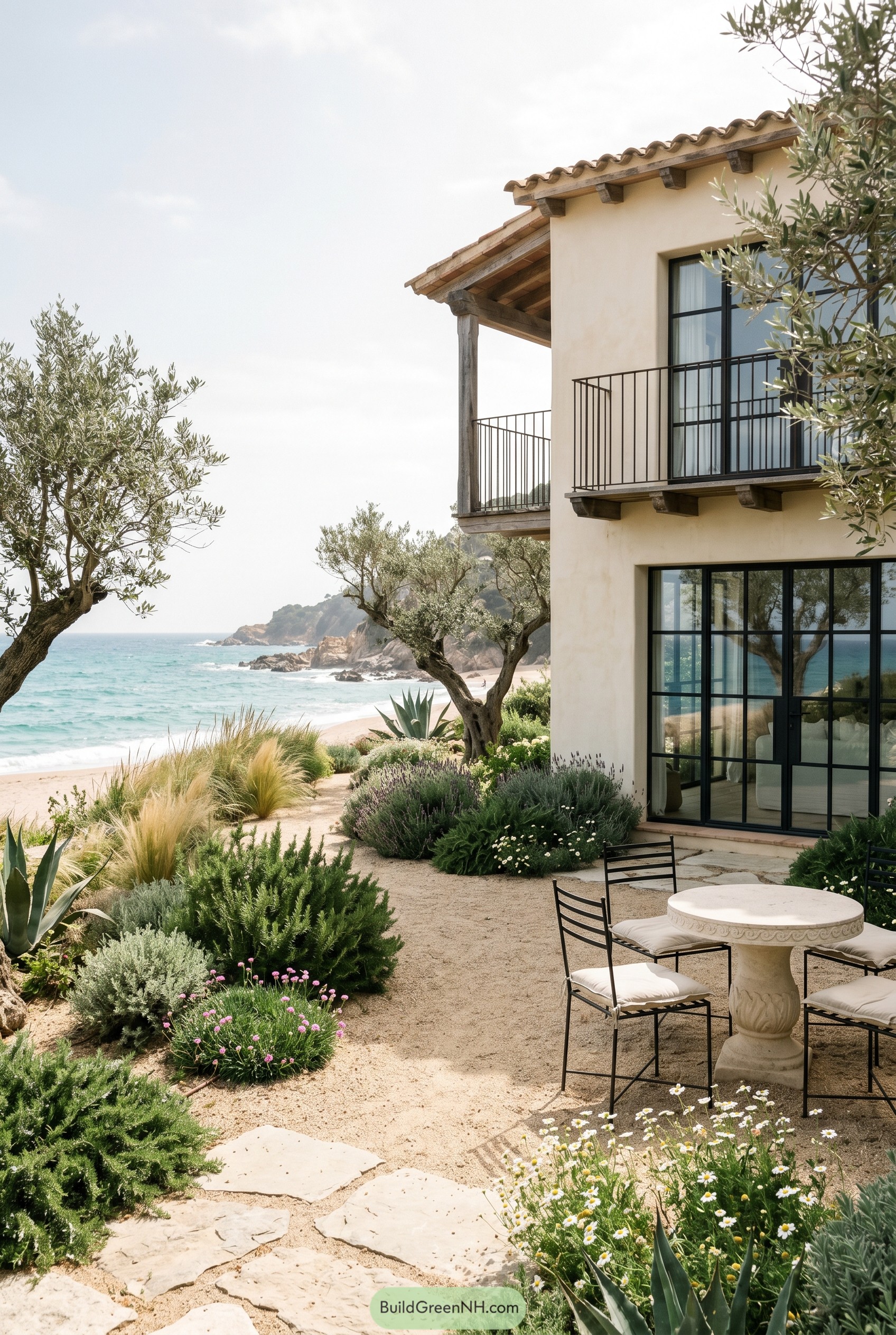 Coastal villa garden with olives and gravel patio
